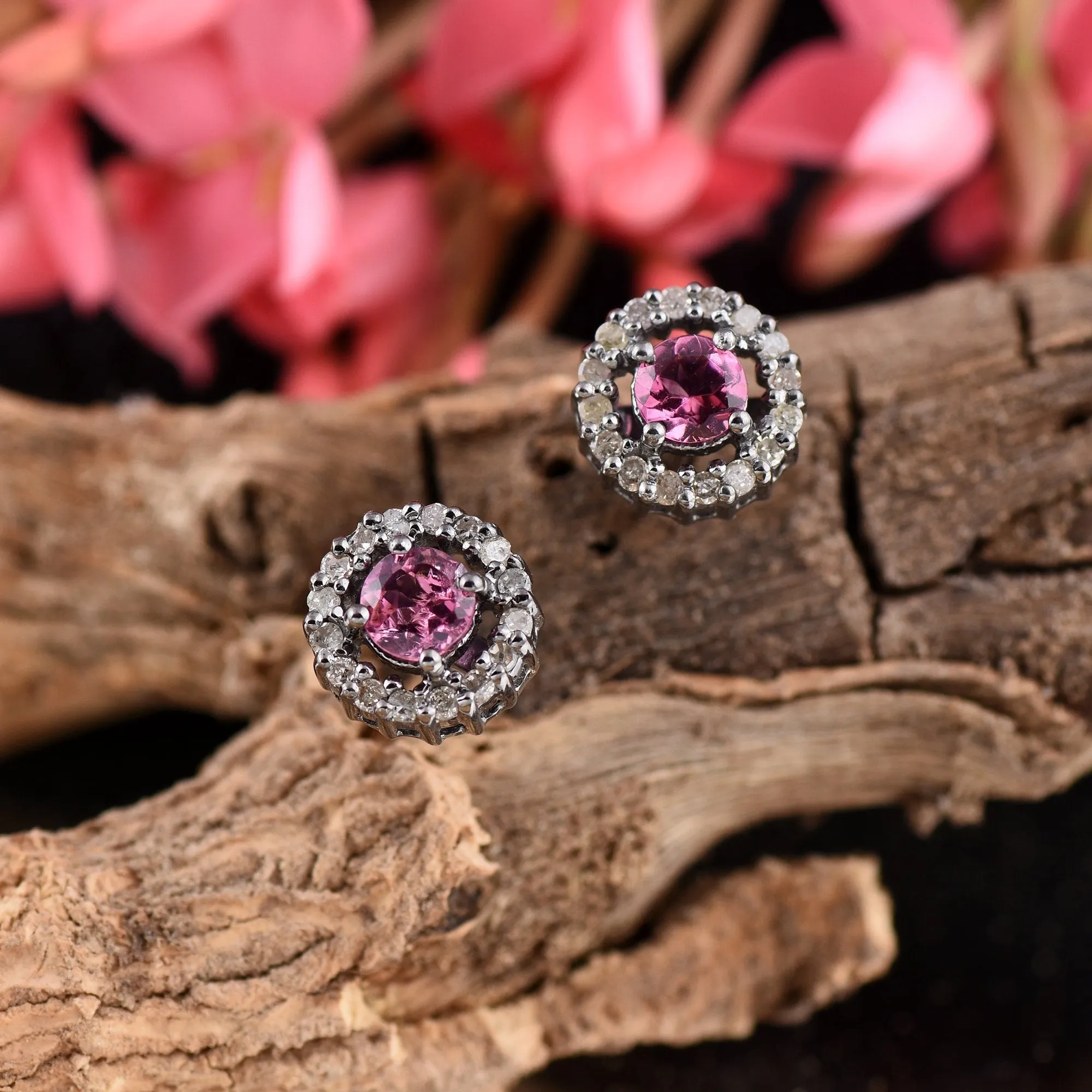 Silver Pink Tourmaline Halo Studs Earrings