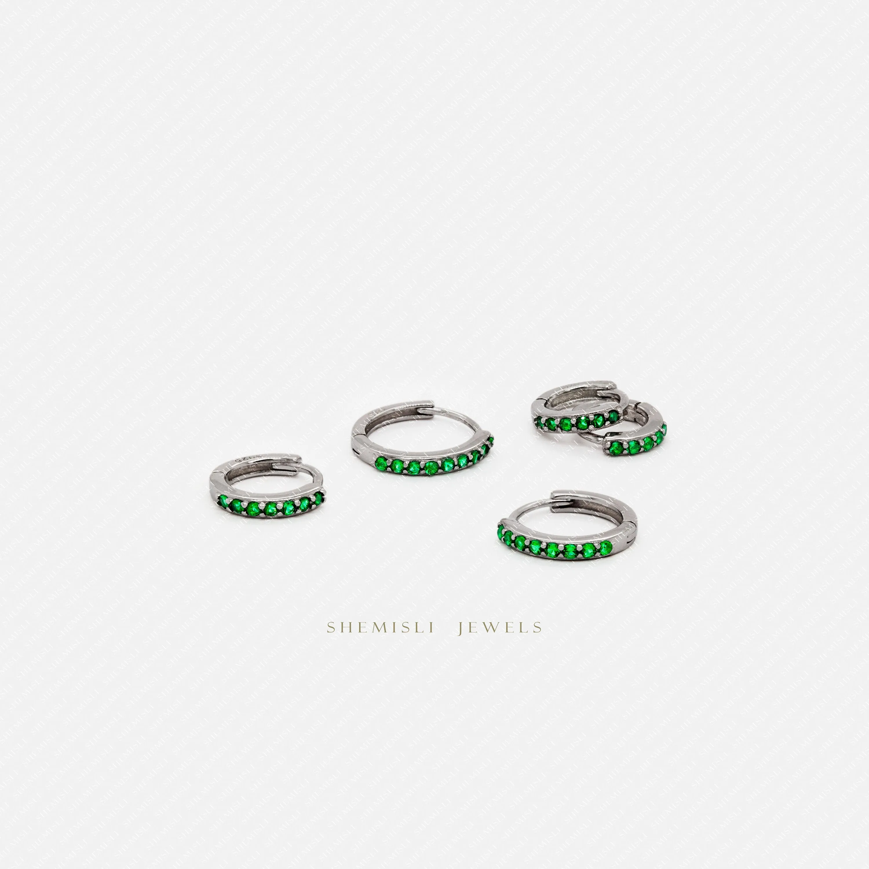 Simple Emerald CZ Hoop Earrings, Huggies, 6, 7, 8, 9, 10, 12mm Unisex, Gold, Silver SHEMISLI - SH344, SH345, SH346, SH347, SH348, SH031