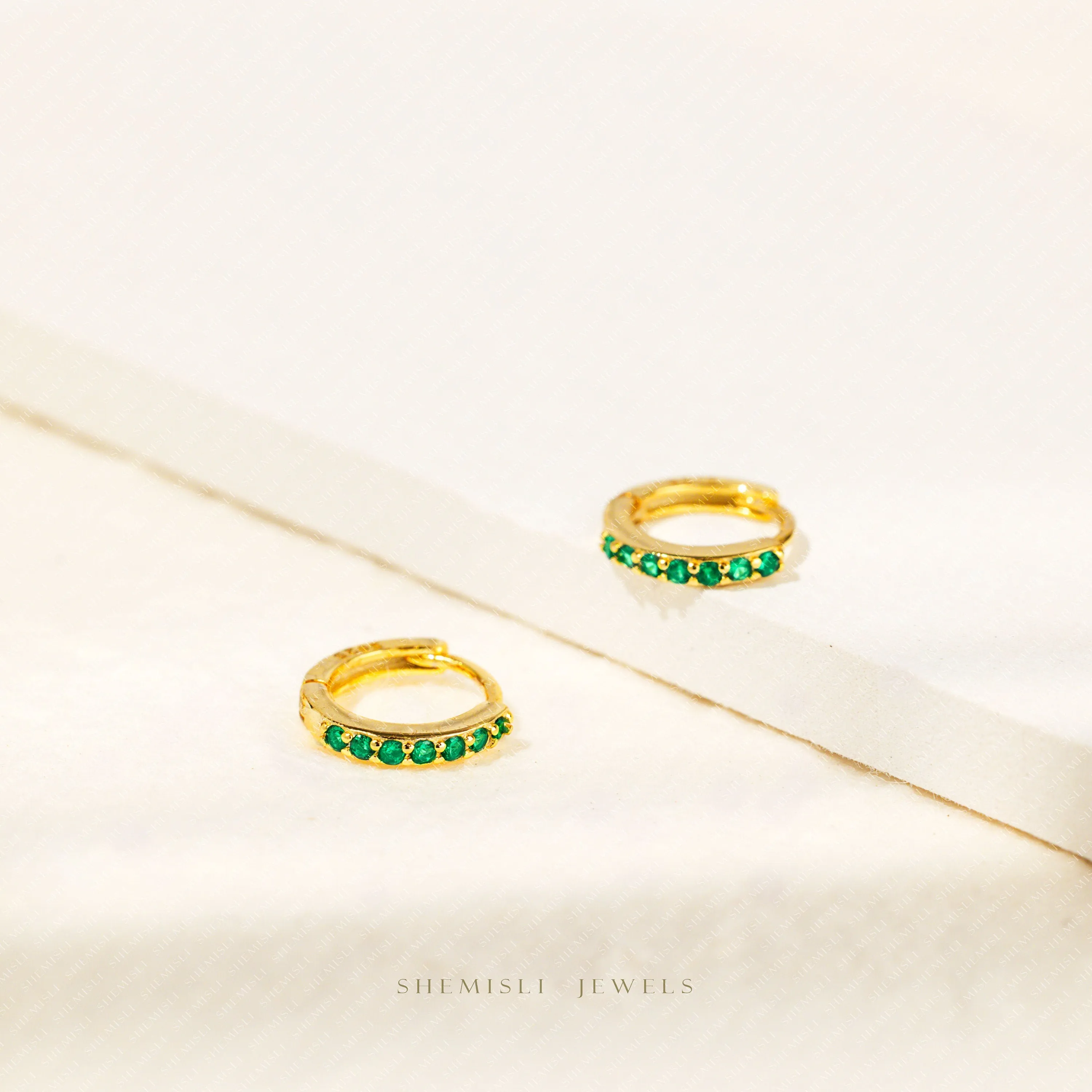 Simple Emerald CZ Hoop Earrings, Huggies, 6, 7, 8, 9, 10, 12mm Unisex, Gold, Silver SHEMISLI - SH344, SH345, SH346, SH347, SH348, SH031