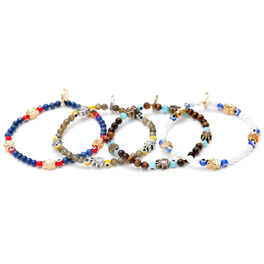 Solid Mini Hamsa Hand Evil Eye Charm Gemstone Bracelet
