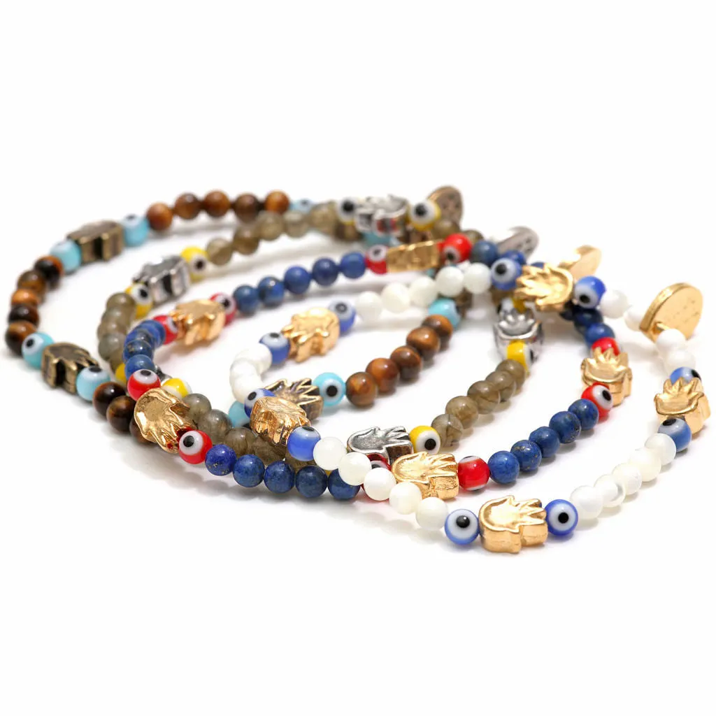 Solid Mini Hamsa Hand Evil Eye Charm Gemstone Bracelet