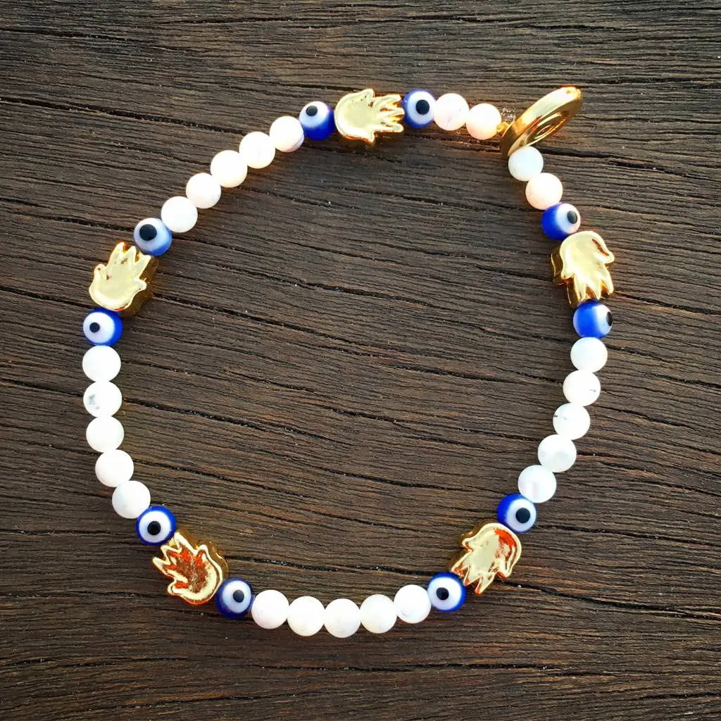 Solid Mini Hamsa Hand Evil Eye Charm Gemstone Bracelet