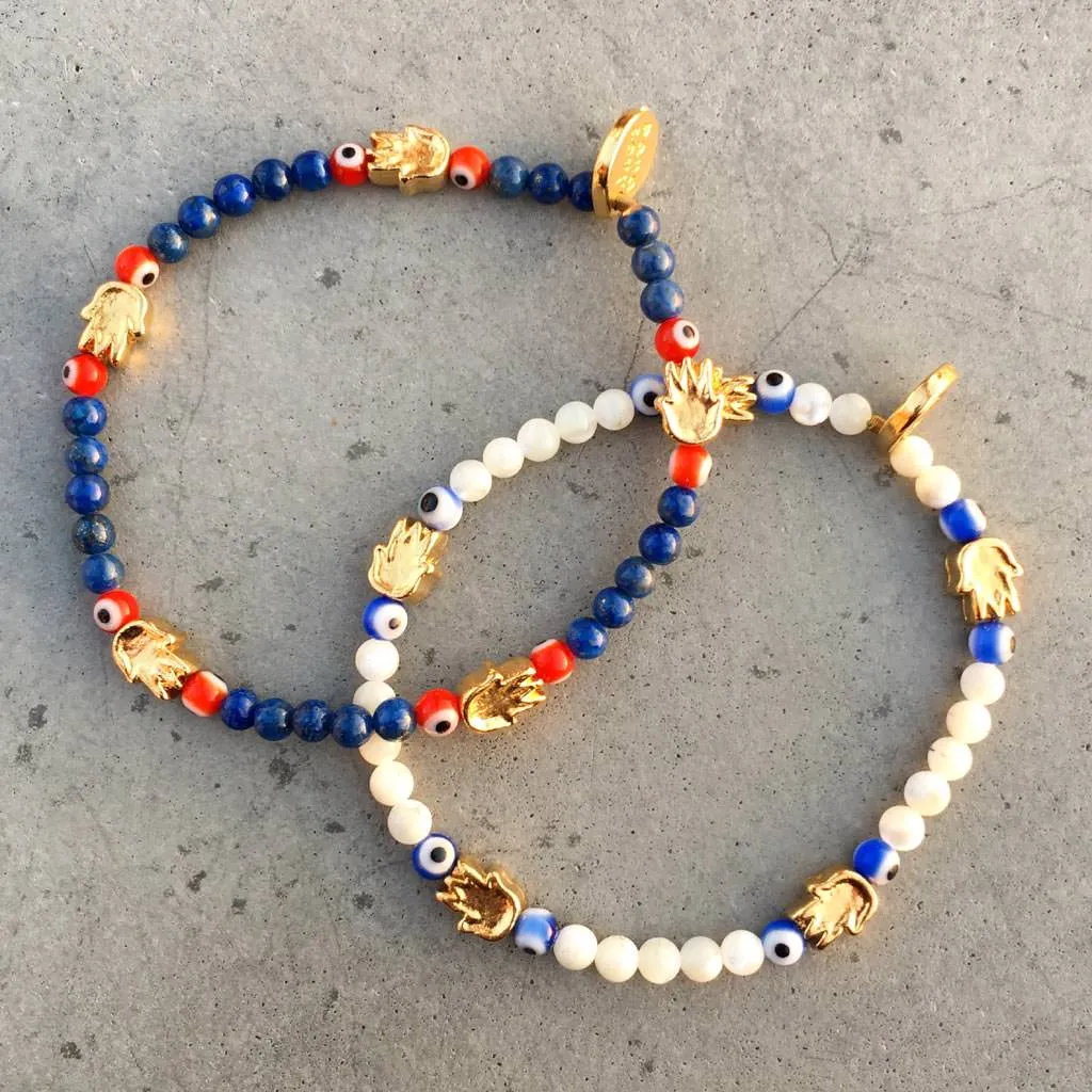 Solid Mini Hamsa Hand Evil Eye Charm Gemstone Bracelet