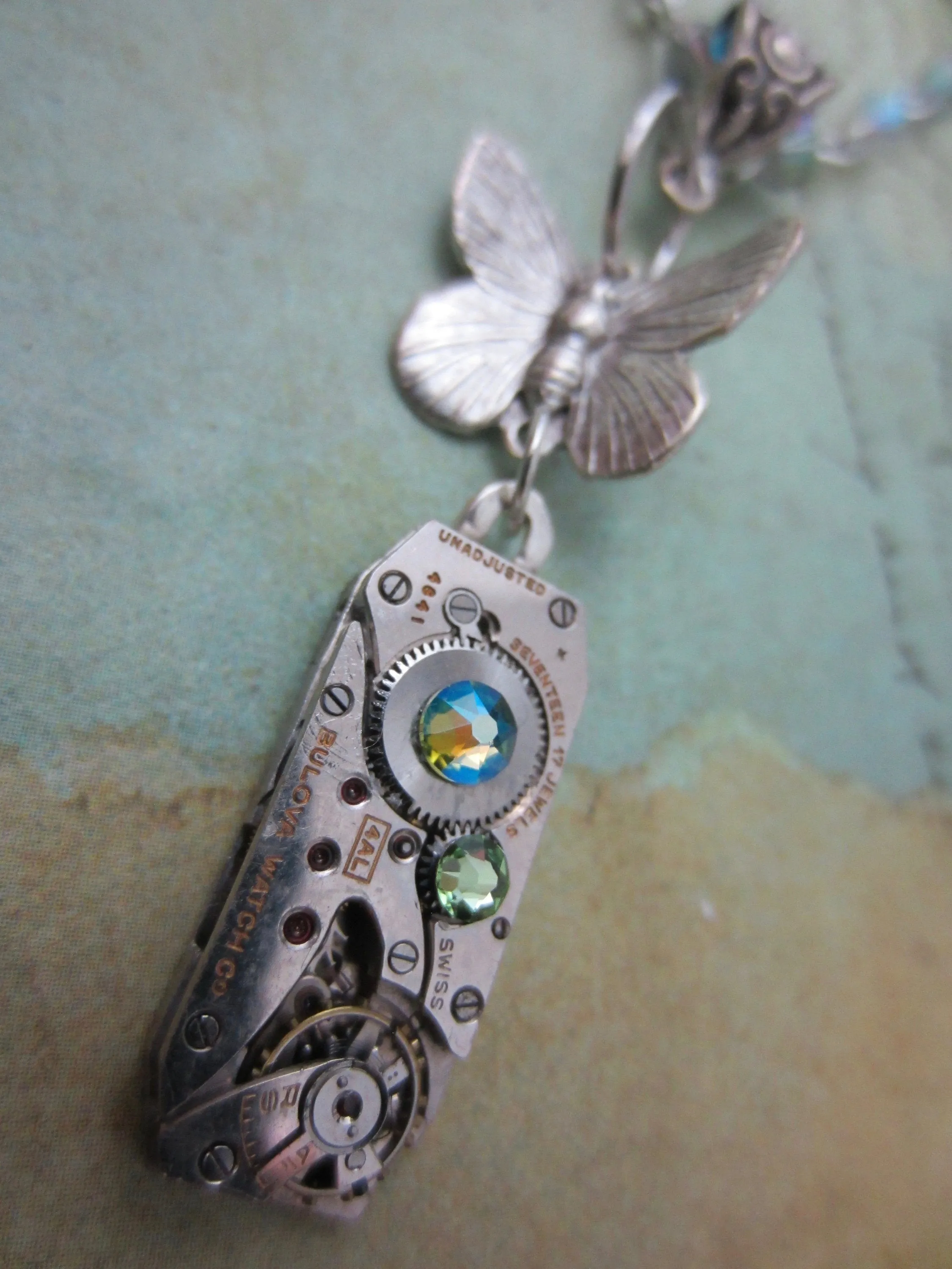STeampunk necklace - Butterfly - Steampunk watch movement necklace - Peridot Borealis - Swarovski Crystal - birthday for her