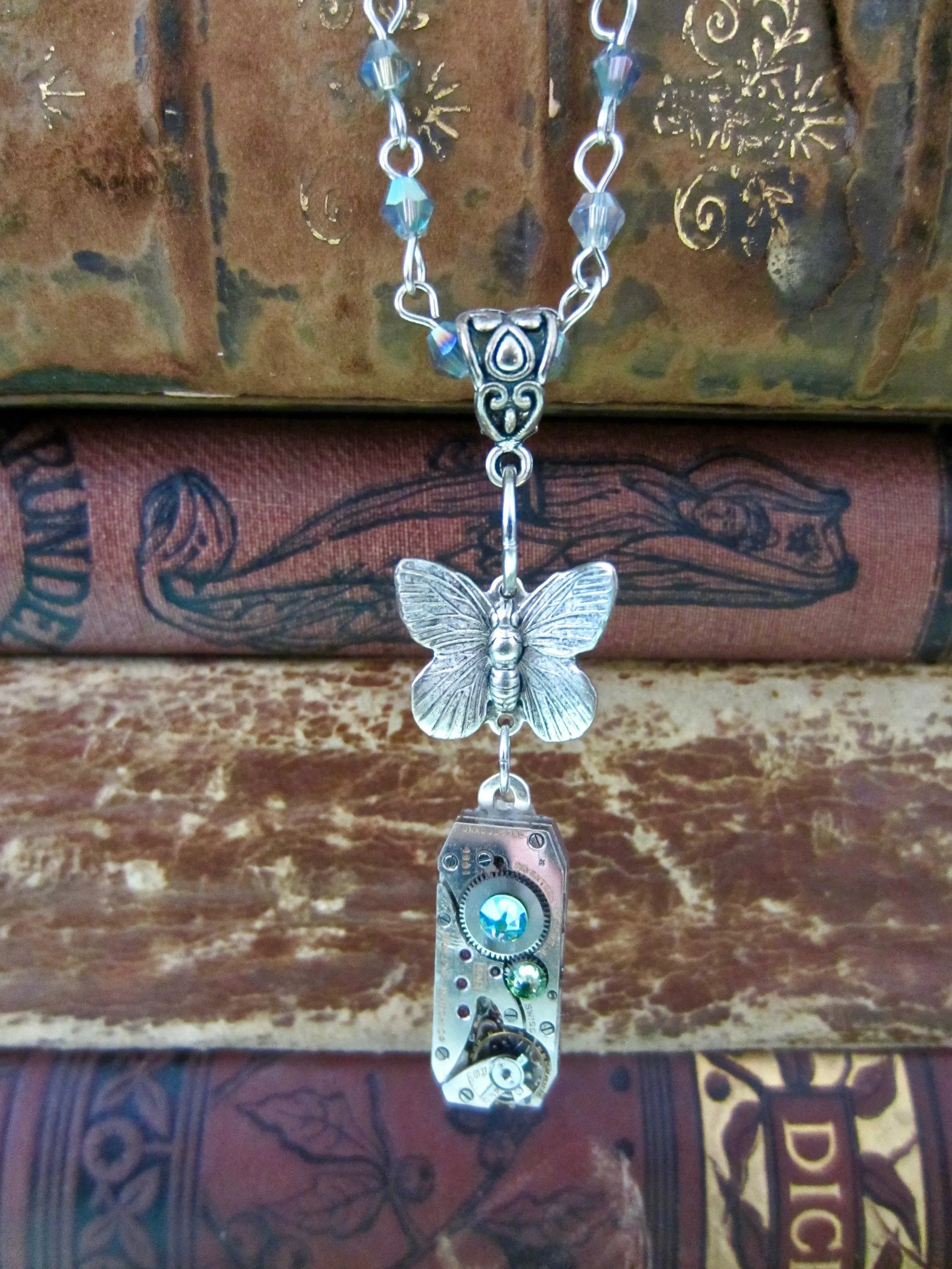 STeampunk necklace - Butterfly - Steampunk watch movement necklace - Peridot Borealis - Swarovski Crystal - birthday for her