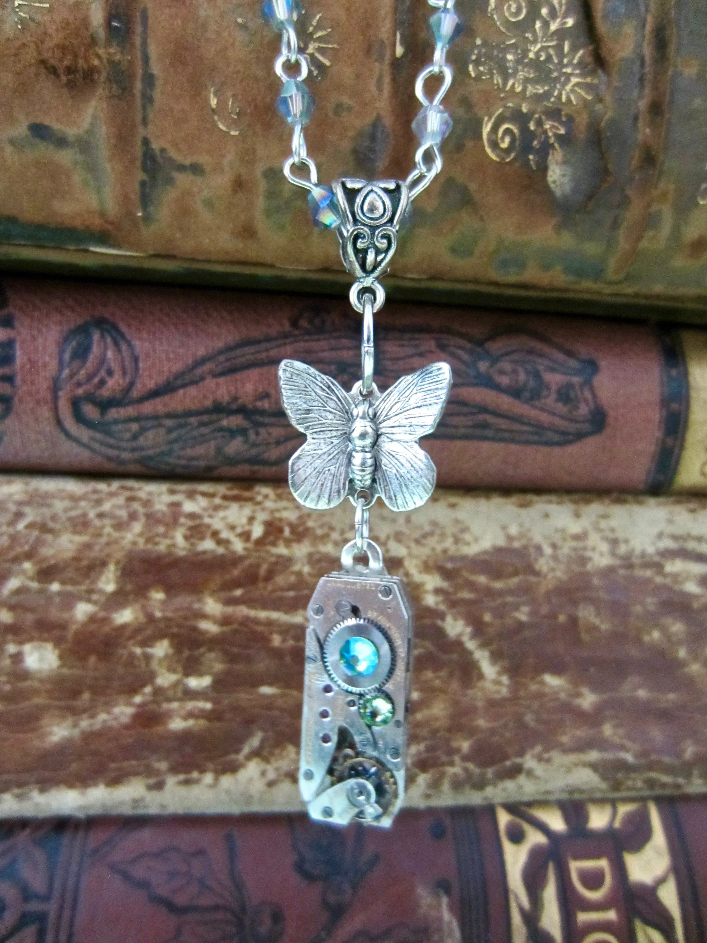 STeampunk necklace - Butterfly - Steampunk watch movement necklace - Peridot Borealis - Swarovski Crystal - birthday for her