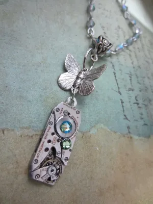 STeampunk necklace - Butterfly - Steampunk watch movement necklace - Peridot Borealis - Swarovski Crystal - birthday for her