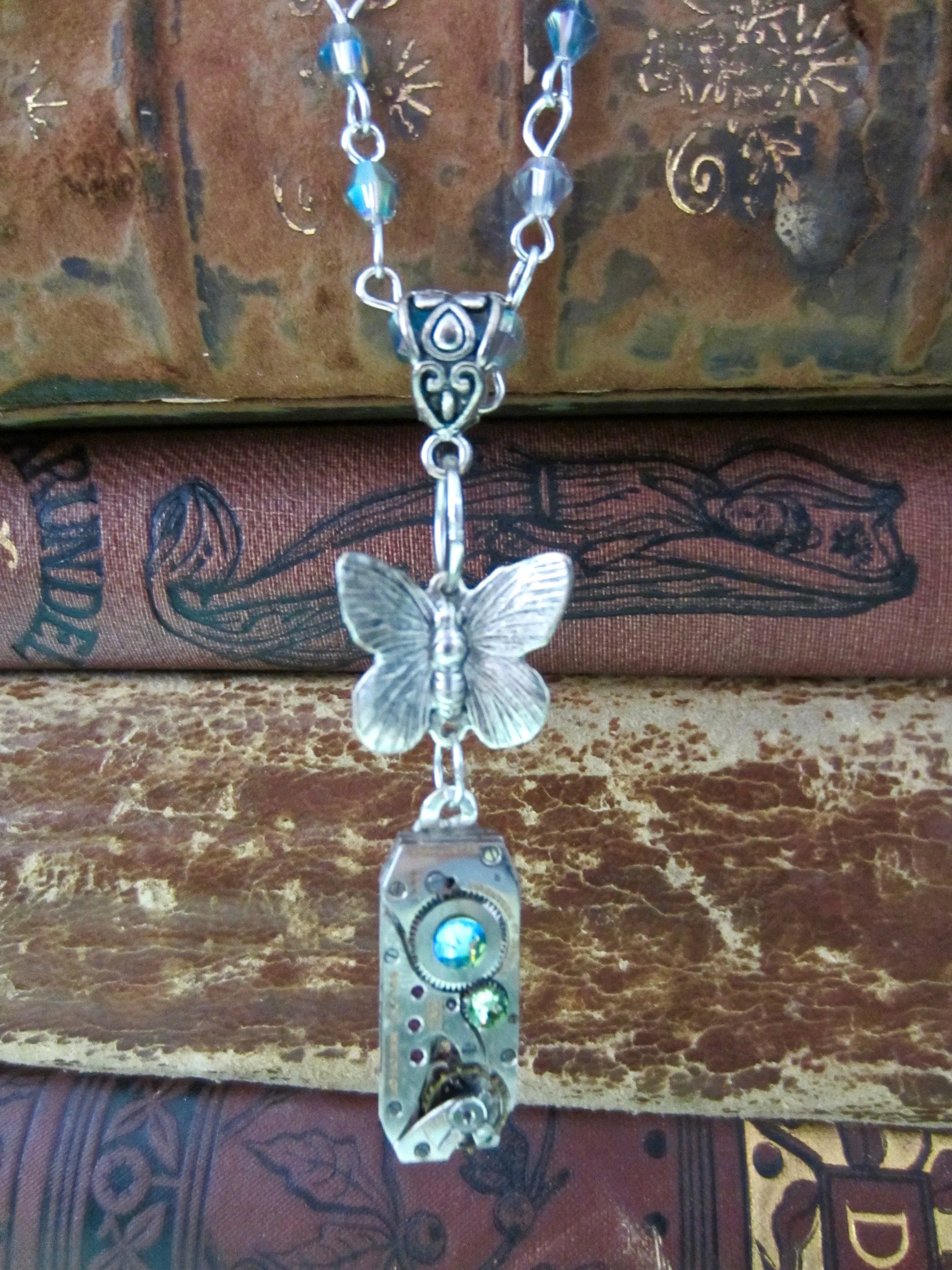 STeampunk necklace - Butterfly - Steampunk watch movement necklace - Peridot Borealis - Swarovski Crystal - birthday for her