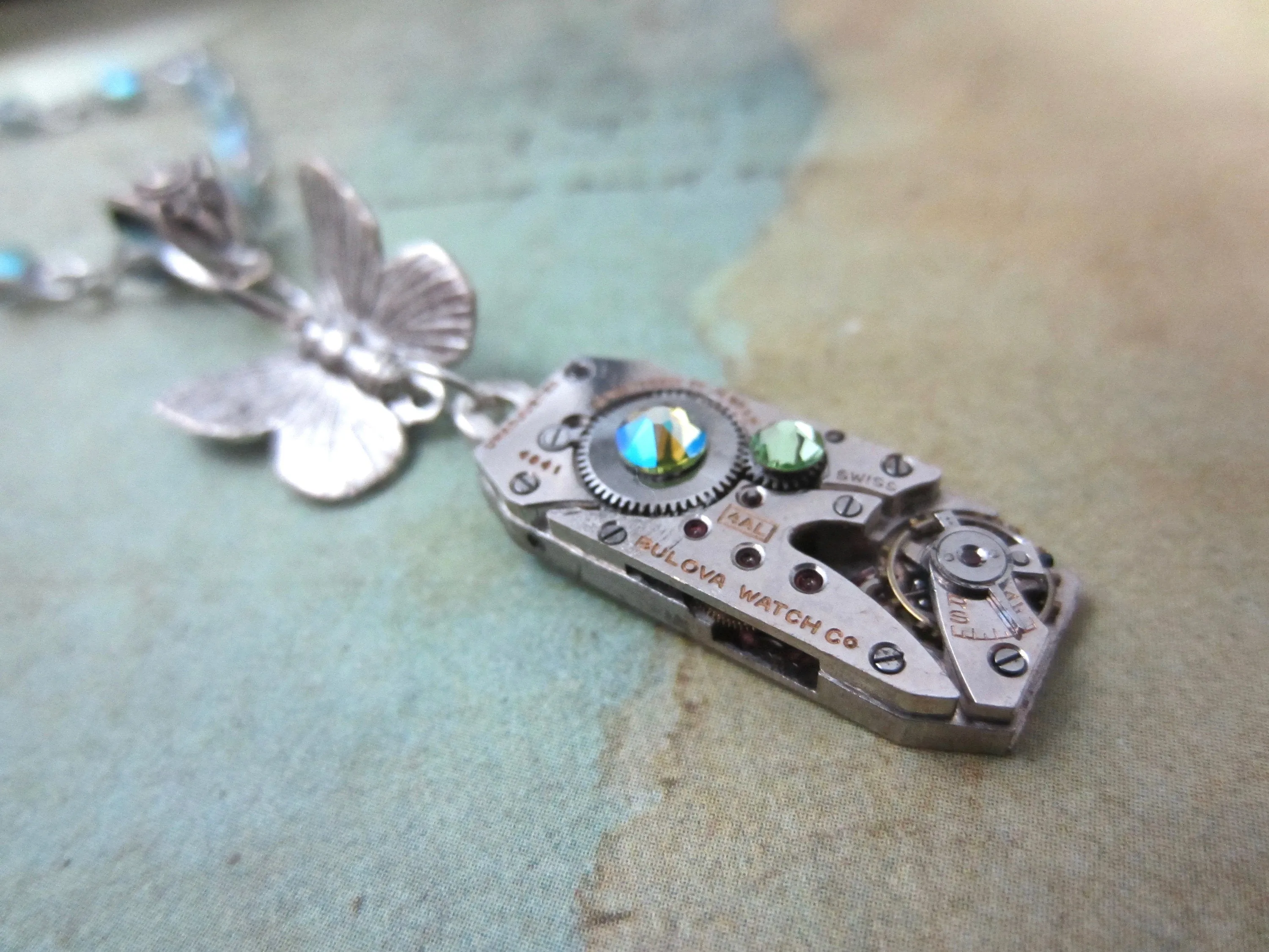 STeampunk necklace - Butterfly - Steampunk watch movement necklace - Peridot Borealis - Swarovski Crystal - birthday for her