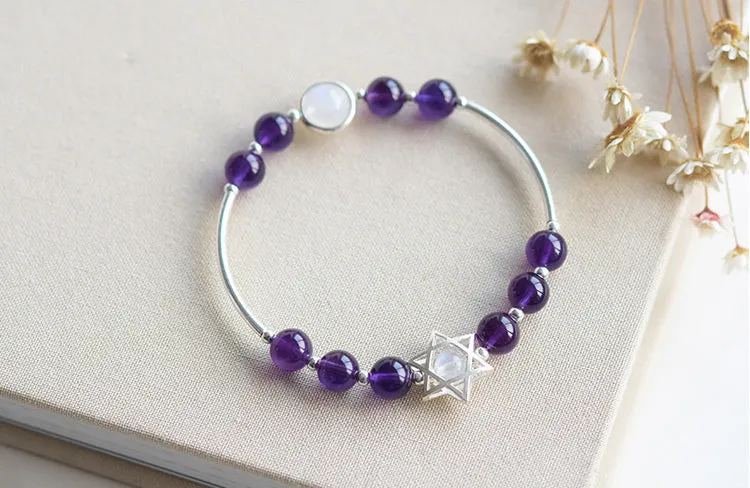 Sterling Silver Amethyst Moonstone Bead Bracelet Jewelry Gifts Women