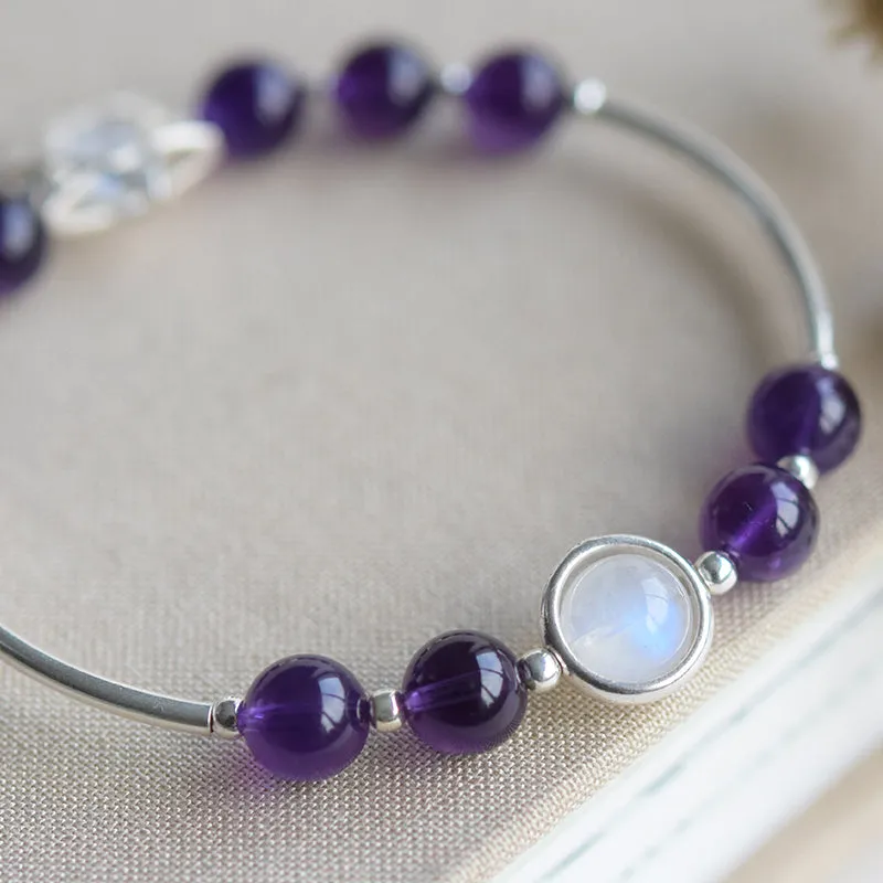 Sterling Silver Amethyst Moonstone Bead Bracelet Jewelry Gifts Women