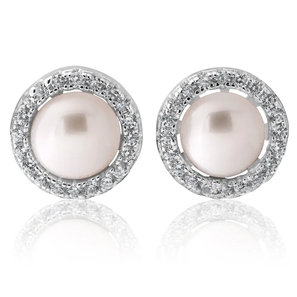 Sterling Silver Cubic Zirconia   Pearl Halo Stud Earrings