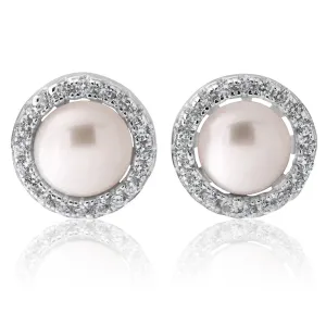 Sterling Silver Cubic Zirconia   Pearl Halo Stud Earrings