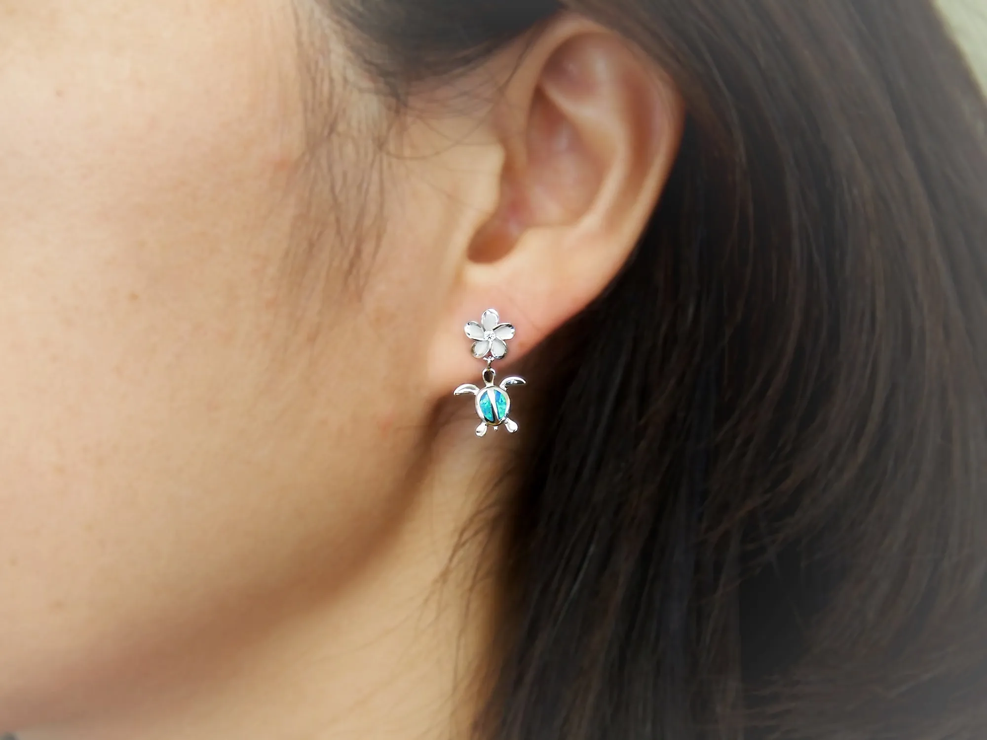 Sterling Silver Synthetic Blue Opal Turtle Plumeria Dangle Earrings