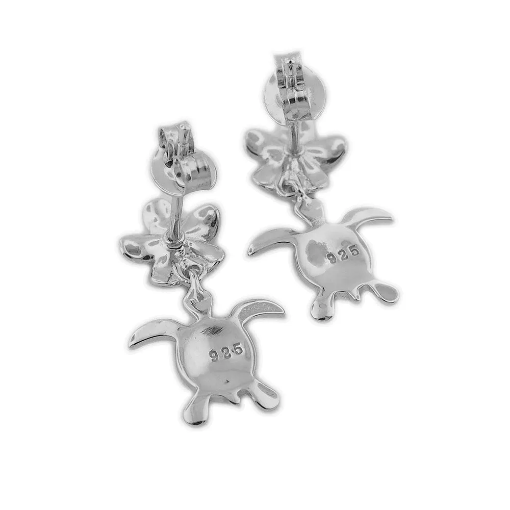 Sterling Silver Synthetic Blue Opal Turtle Plumeria Dangle Earrings