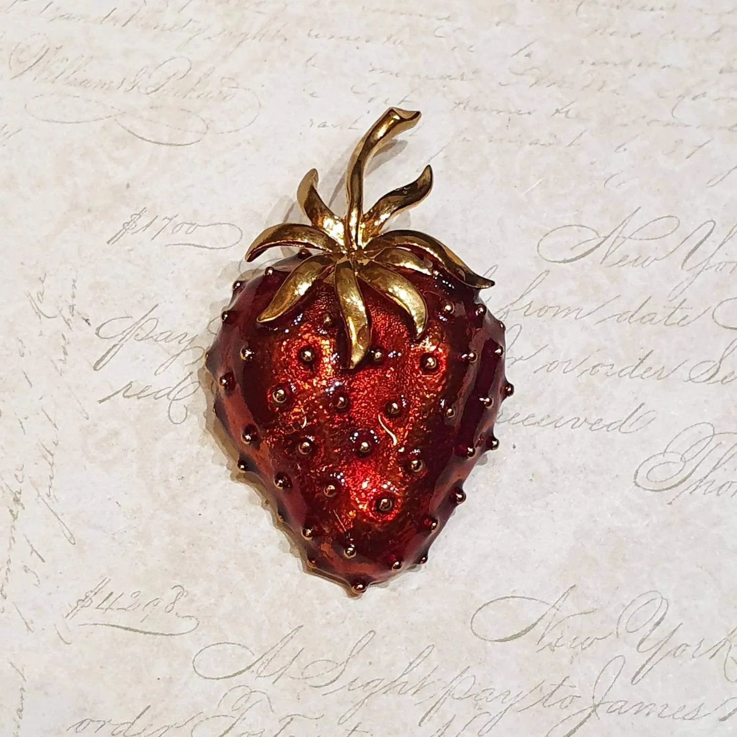 Strawberry Pin with Red Enamel and Gold