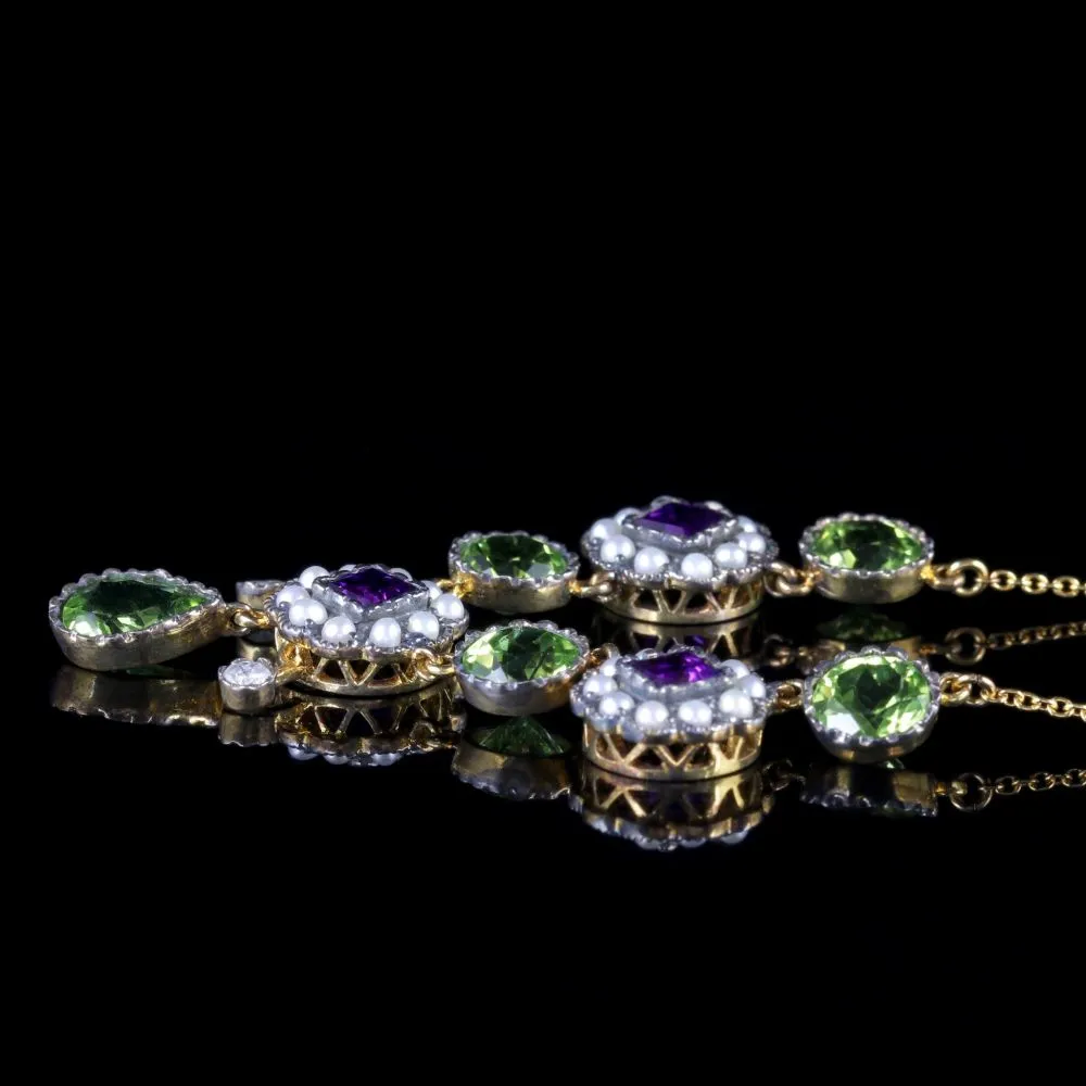 Suffragette Necklace 9Ct Gold Silver Amethyst Pearl Peridot Diamond