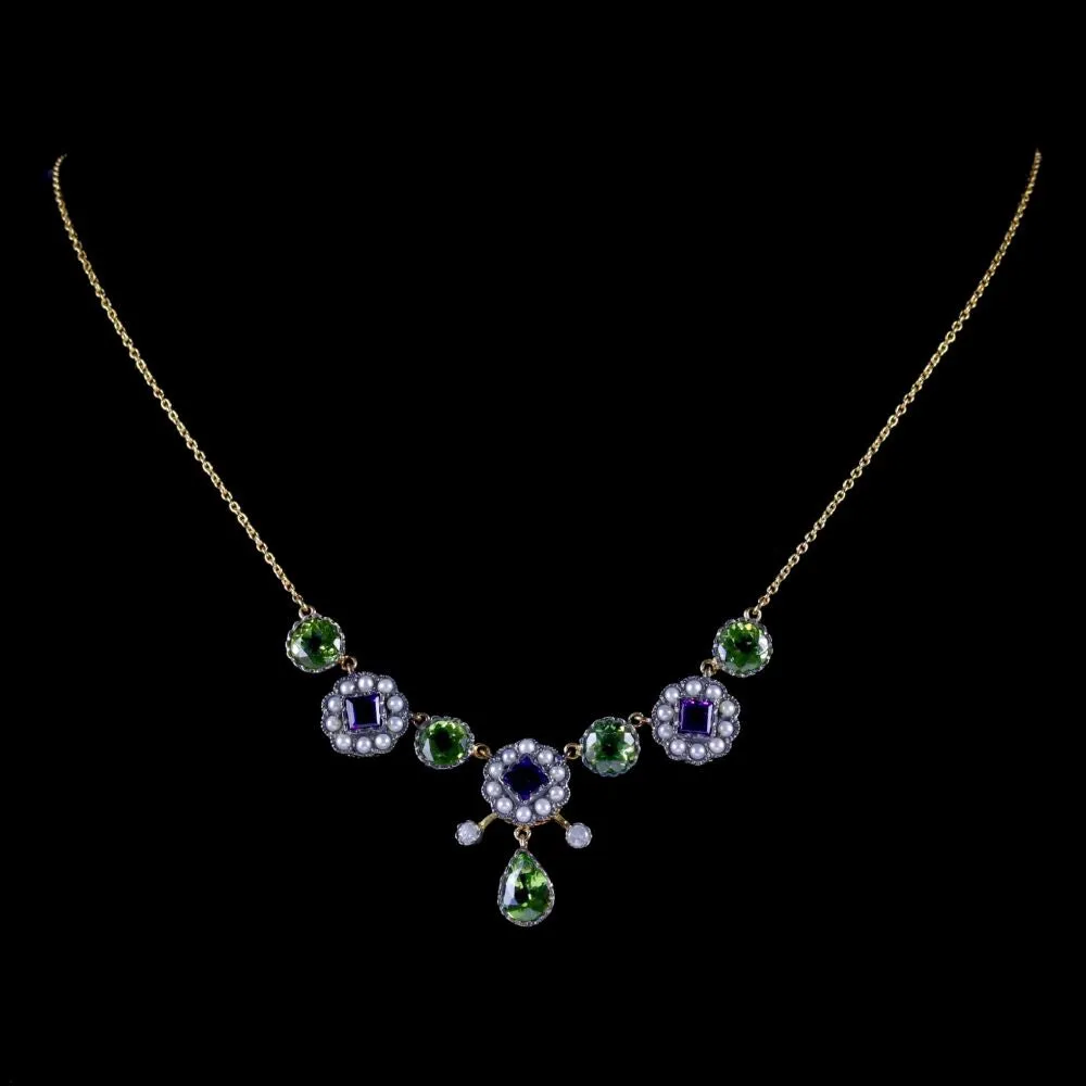 Suffragette Necklace 9Ct Gold Silver Amethyst Pearl Peridot Diamond