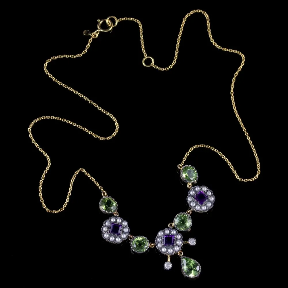 Suffragette Necklace 9Ct Gold Silver Amethyst Pearl Peridot Diamond