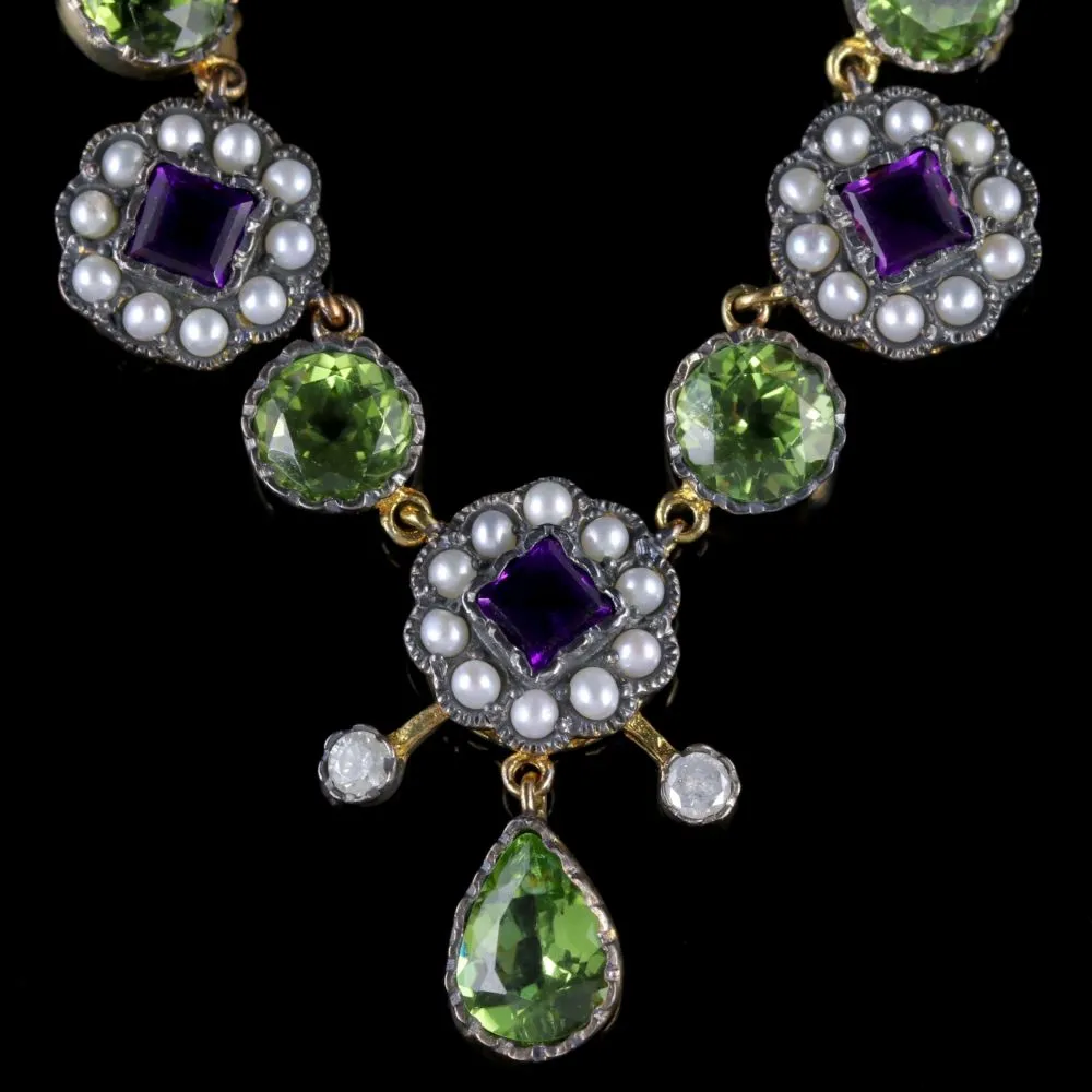 Suffragette Necklace 9Ct Gold Silver Amethyst Pearl Peridot Diamond