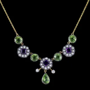Suffragette Necklace 9Ct Gold Silver Amethyst Pearl Peridot Diamond