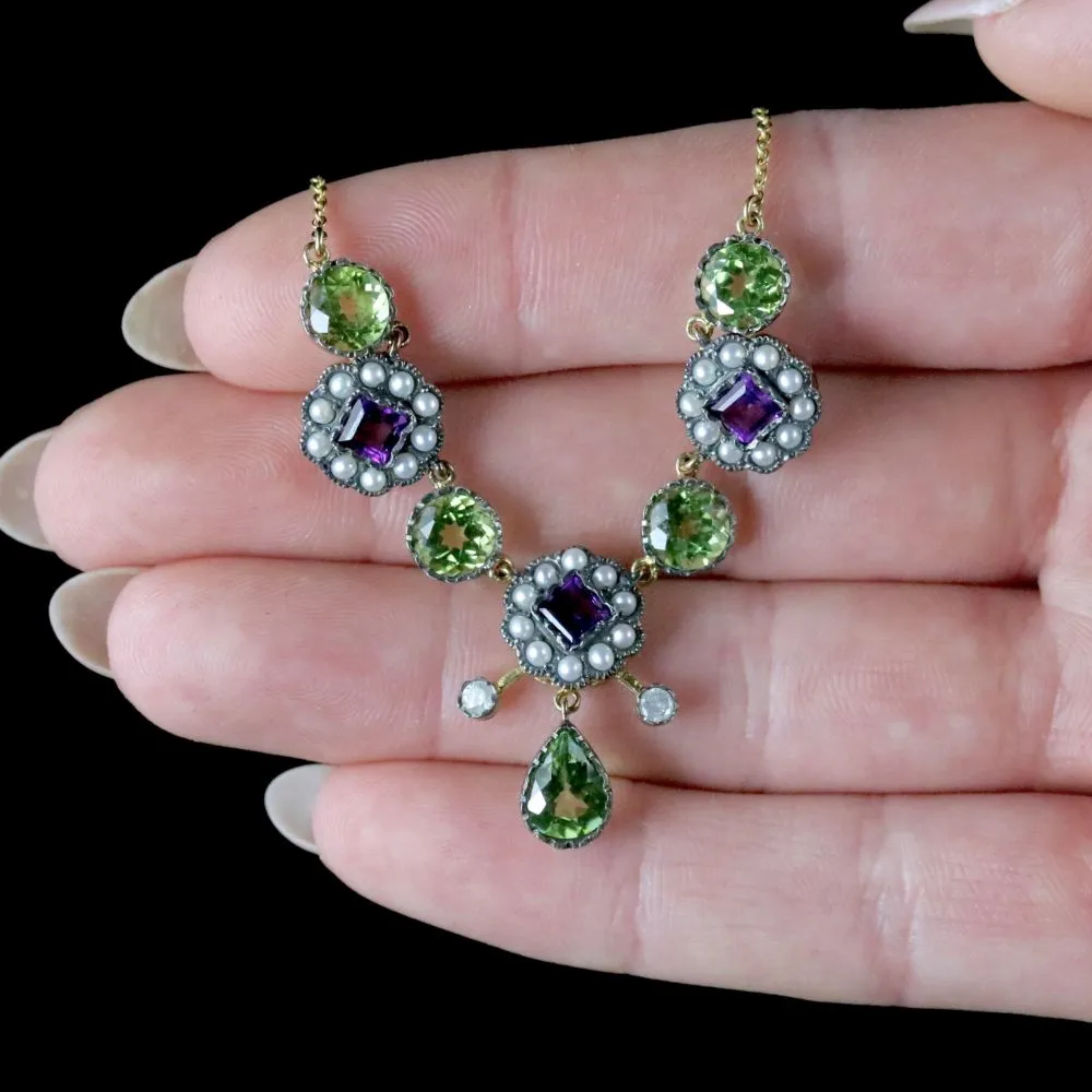 Suffragette Necklace 9Ct Gold Silver Amethyst Pearl Peridot Diamond
