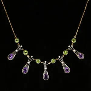 Suffragette Necklace Peridot Amethyst Dropper 9Ct Gold