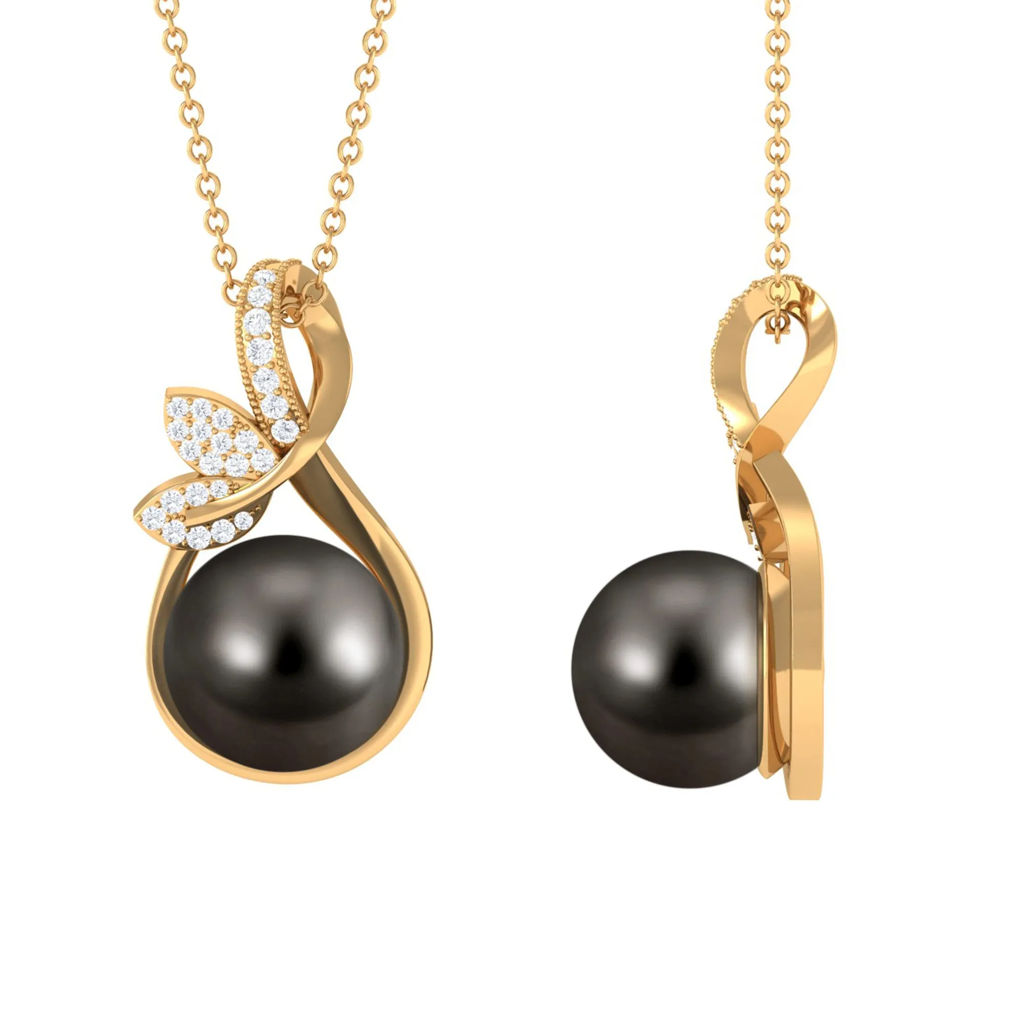 Tahitian Pearl and Diamond Minimal Pendant with Leaf Motif