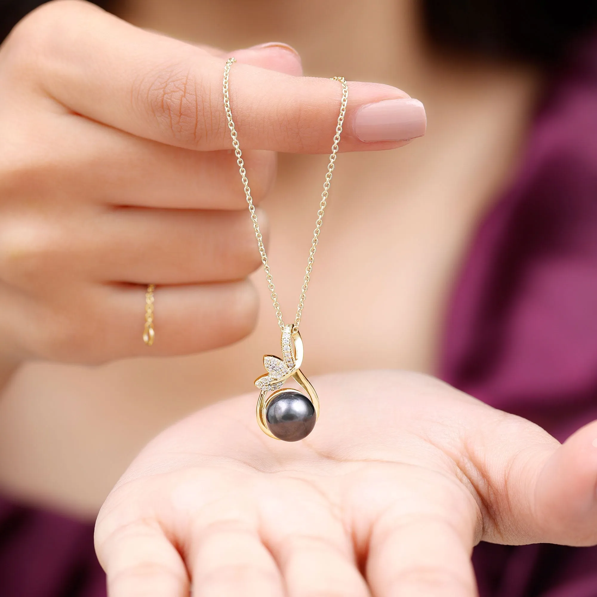 Tahitian Pearl and Diamond Minimal Pendant with Leaf Motif