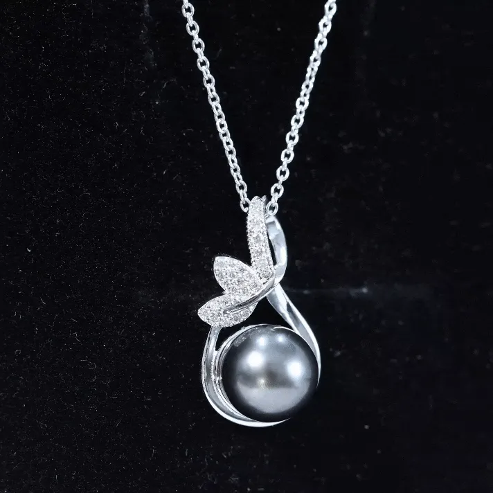 Tahitian Pearl and Diamond Minimal Pendant with Leaf Motif