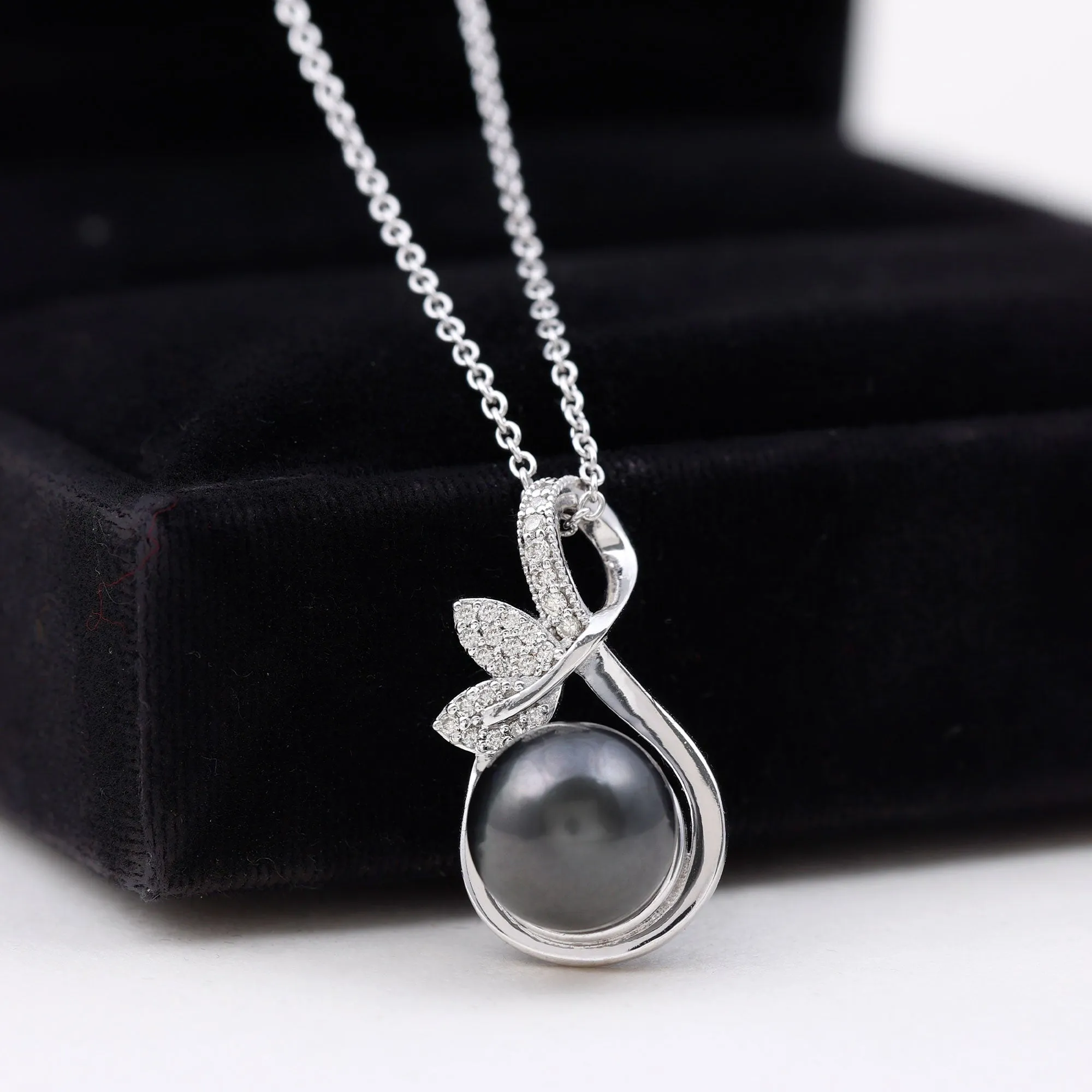 Tahitian Pearl and Diamond Minimal Pendant with Leaf Motif