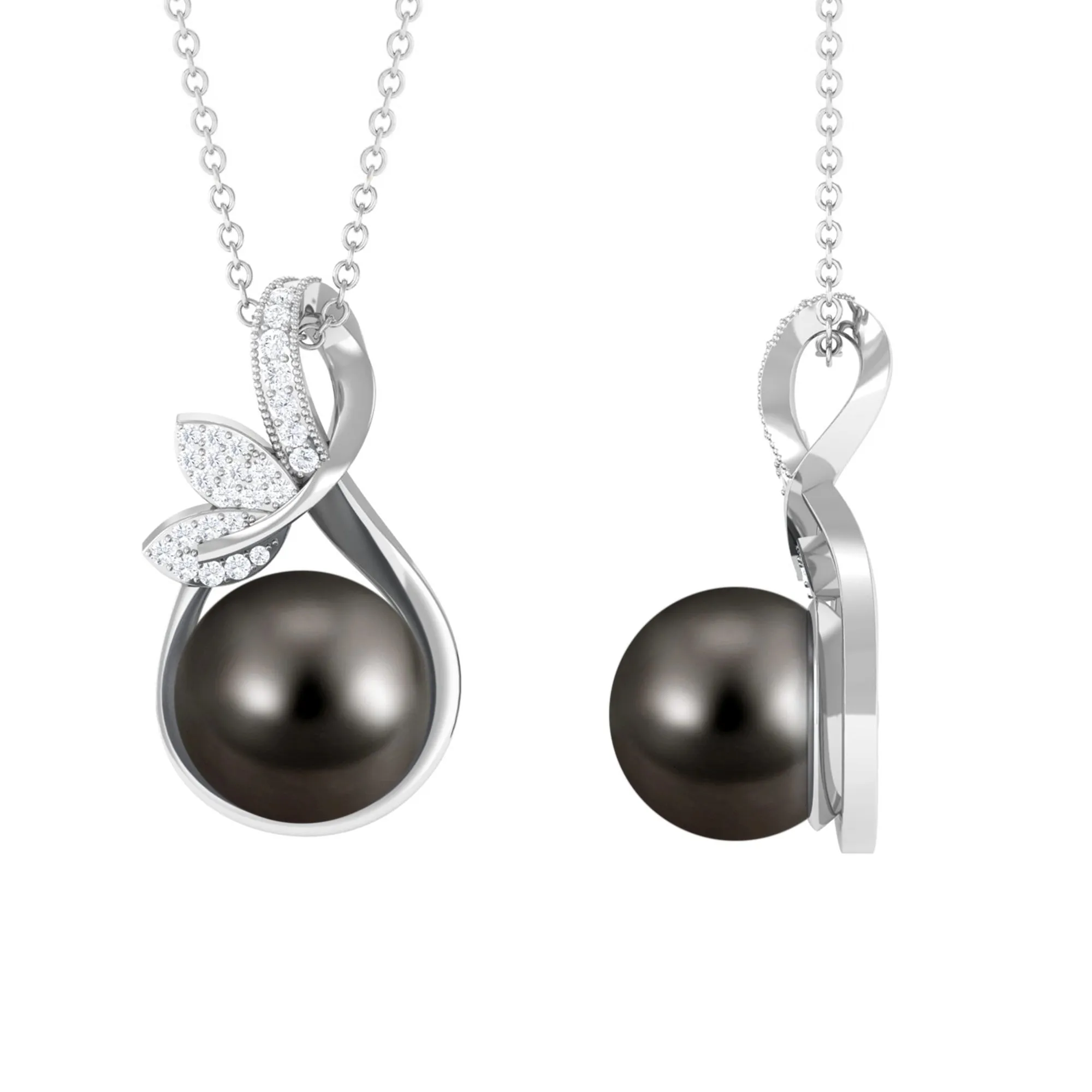 Tahitian Pearl and Diamond Minimal Pendant with Leaf Motif