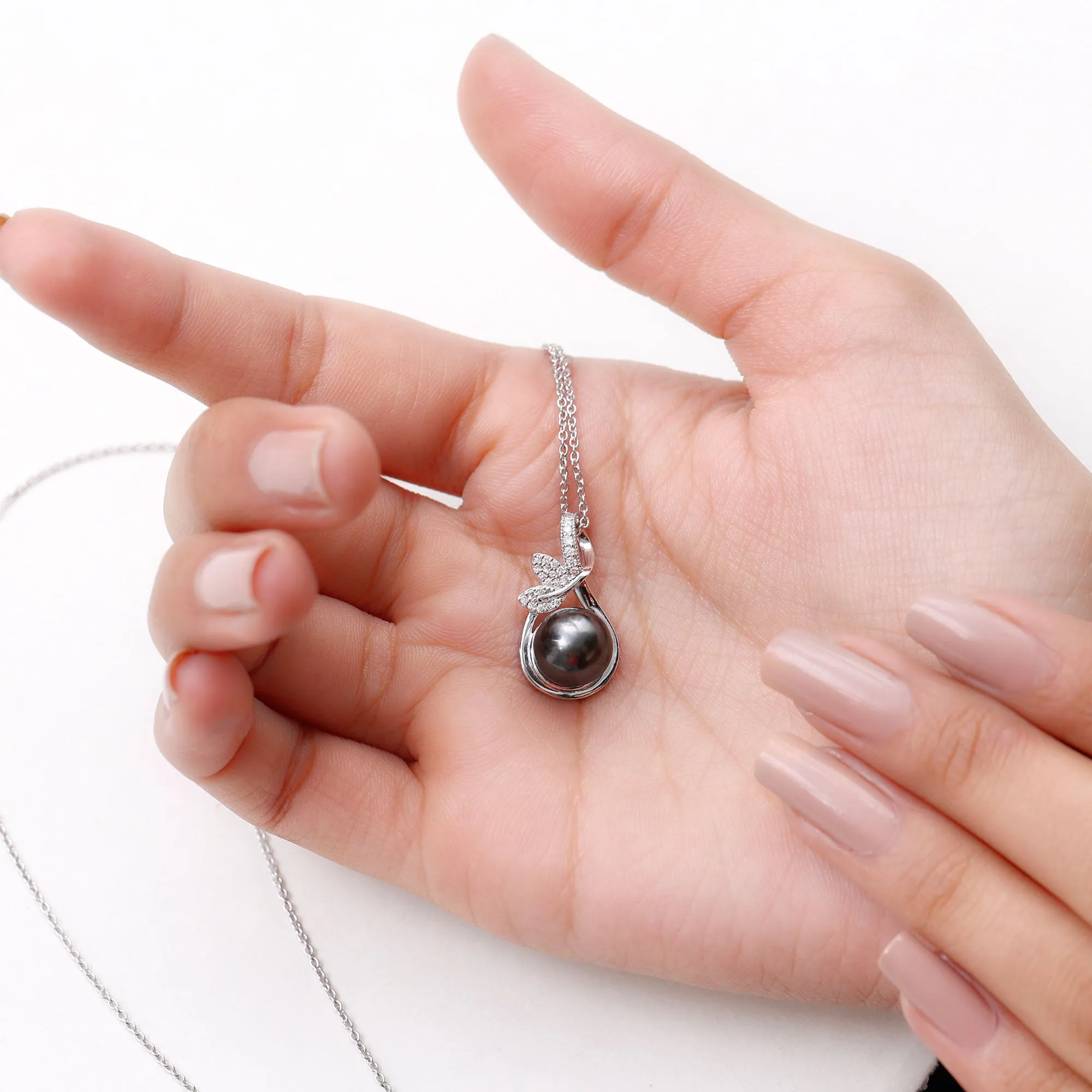 Tahitian Pearl and Diamond Minimal Pendant with Leaf Motif