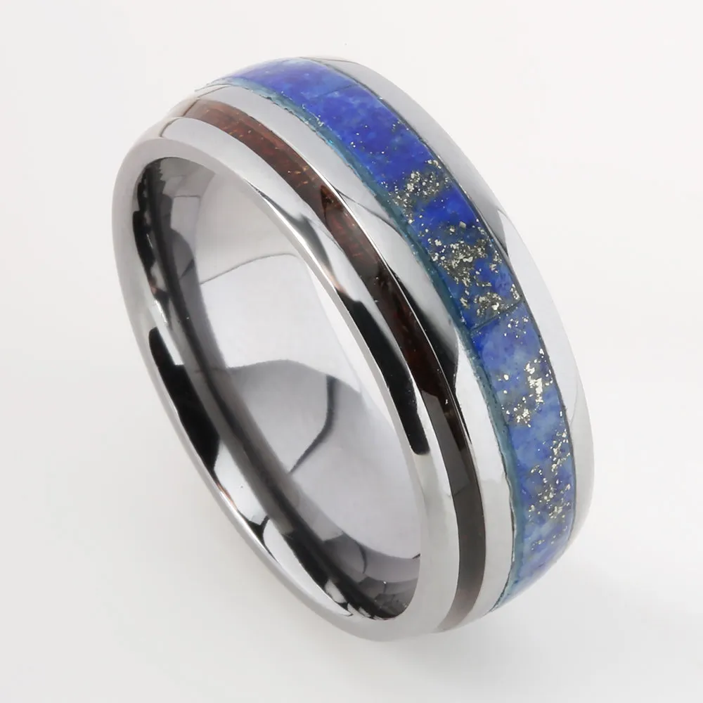 Tantalum with Koa Wood and Lapis Lazuli Inlaid Oval Wedding Ring 8mm