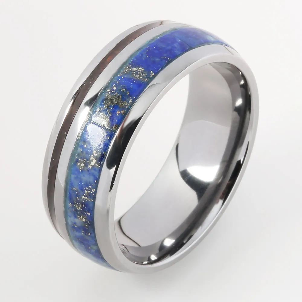 Tantalum with Koa Wood and Lapis Lazuli Inlaid Oval Wedding Ring 8mm