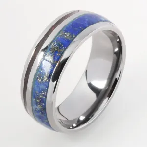 Tantalum with Koa Wood and Lapis Lazuli Inlaid Oval Wedding Ring 8mm