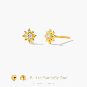 Tiny 8 Pointed Star with Bezel Setting Gem Stud Earrings, Unisex, Gold, Silver SHEMISLI SS960 Butterfly End, SS961 Screw Ball End (Type A)