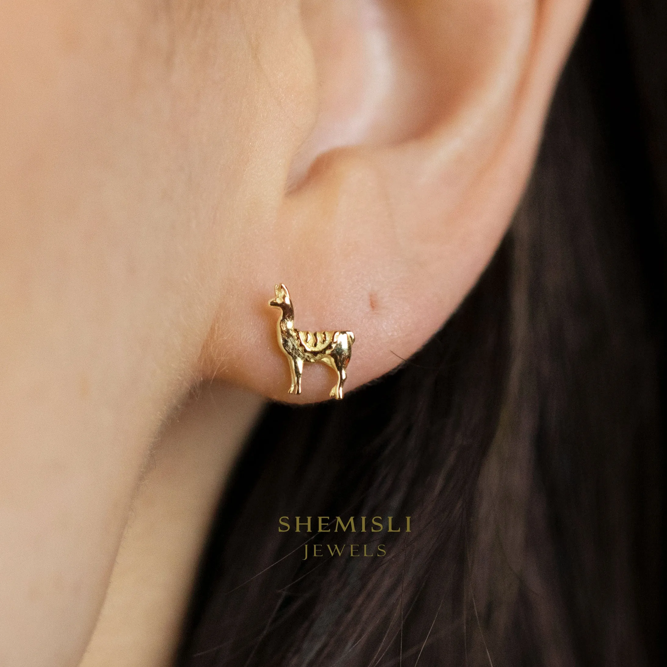 Tiny Llama Stud Earrings, Lama alpaca Jewelry, Unisex, Gold, Silver SHEMISLI - SS252  Butterfly End, SS493 Screw Ball End (Type A) LR
