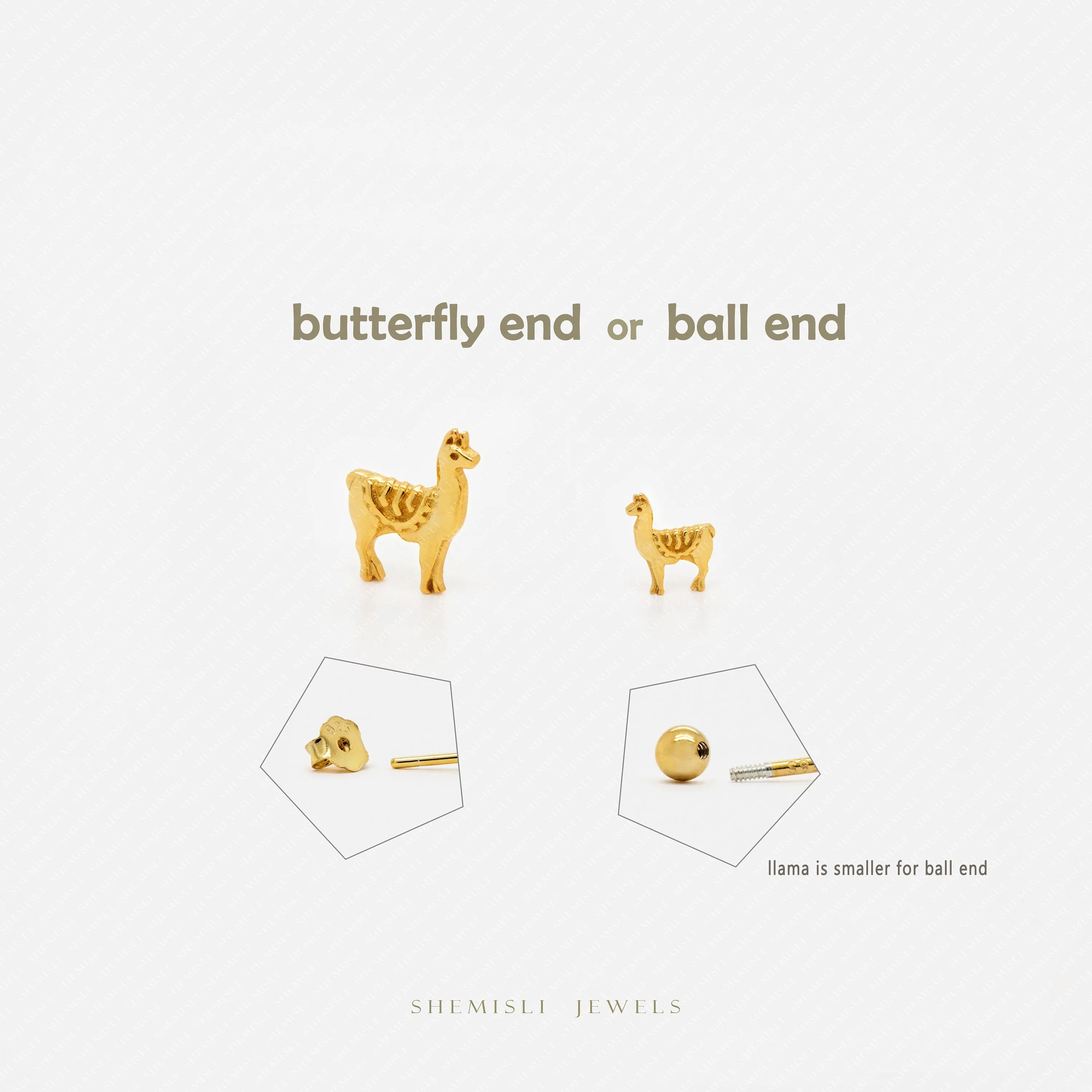 Tiny Llama Stud Earrings, Lama alpaca Jewelry, Unisex, Gold, Silver SHEMISLI - SS252  Butterfly End, SS493 Screw Ball End (Type A) LR