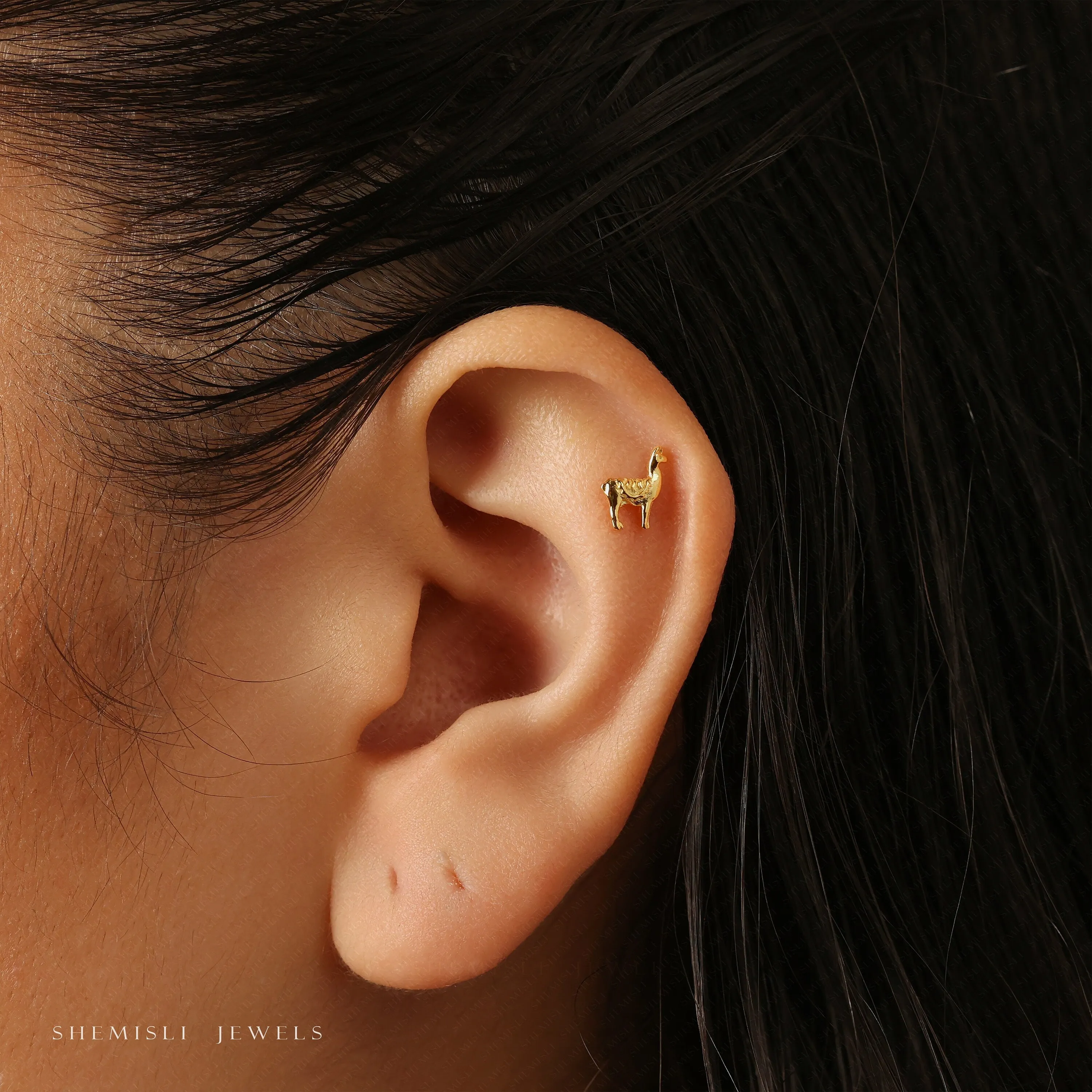 Tiny Llama Stud Earrings, Lama alpaca Jewelry, Unisex, Gold, Silver SHEMISLI - SS252  Butterfly End, SS493 Screw Ball End (Type A) LR