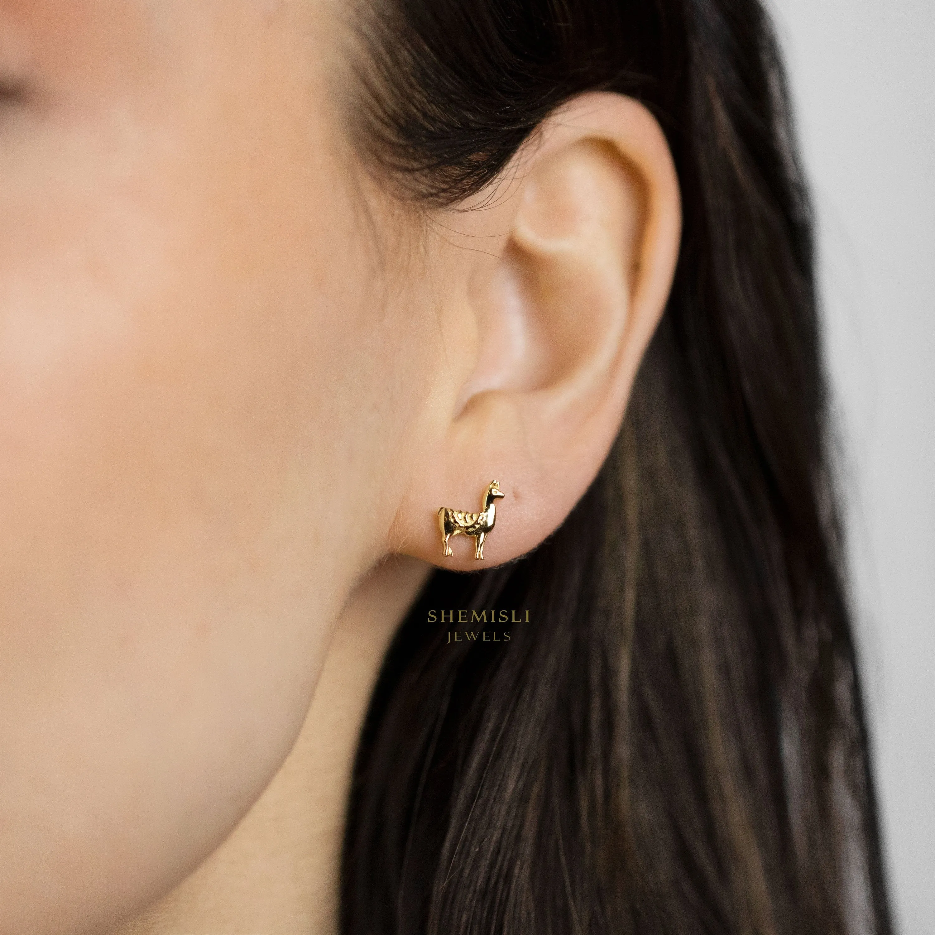 Tiny Llama Stud Earrings, Lama alpaca Jewelry, Unisex, Gold, Silver SHEMISLI - SS252  Butterfly End, SS493 Screw Ball End (Type A) LR