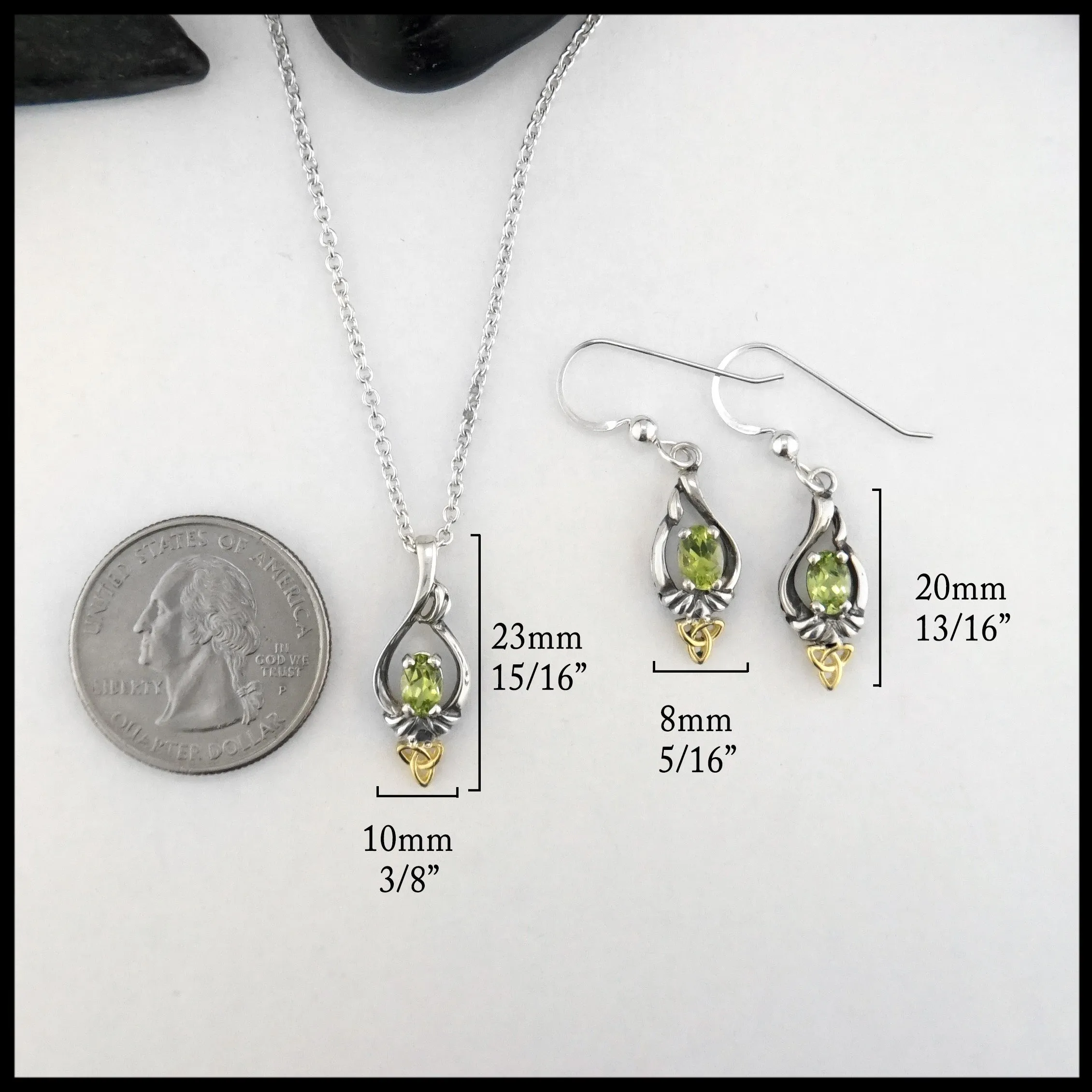 Trinity Knot Pendant and Earring set with Peridot