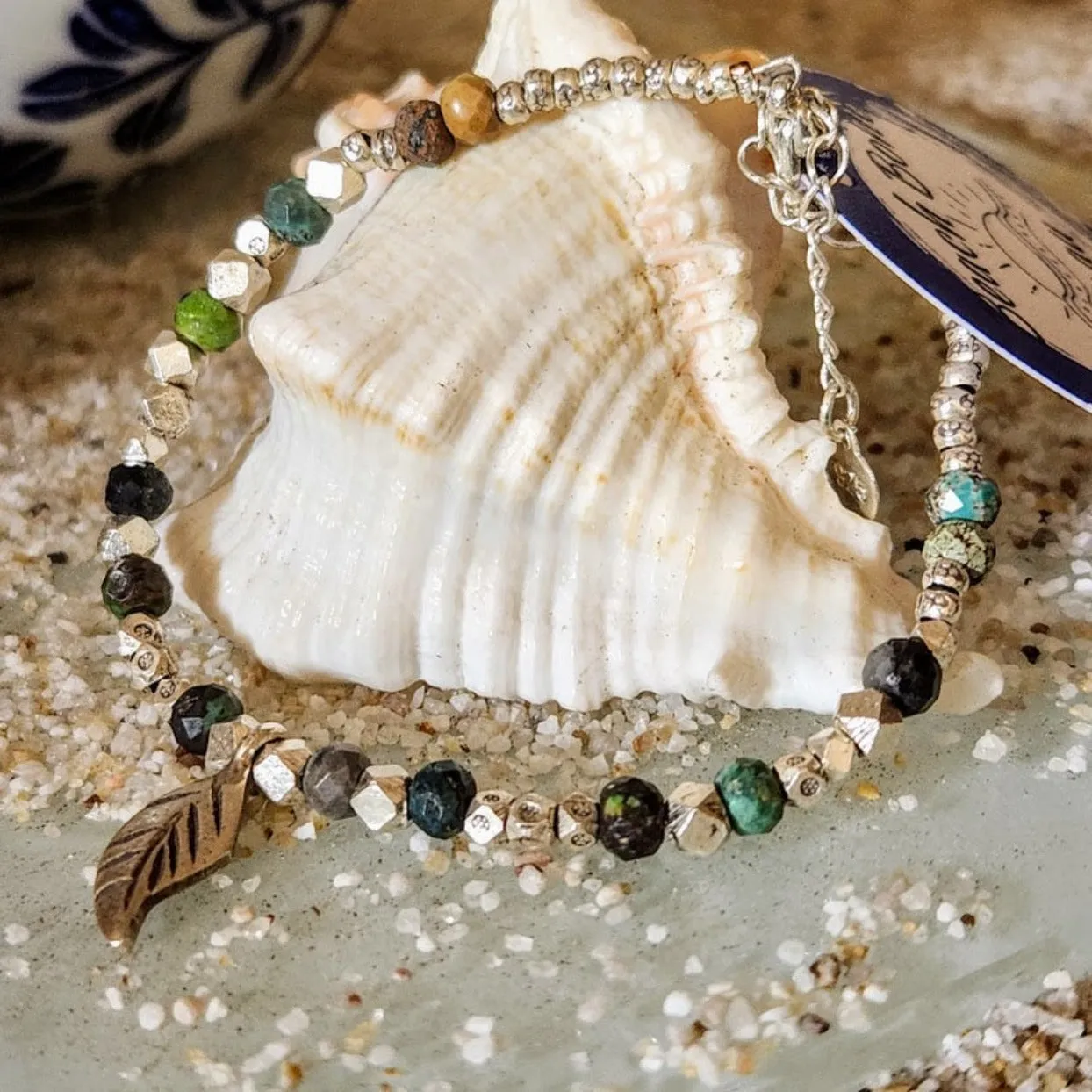 TURQUOISE FACETED - HILLTRIBE LEAF SILVER BRACELET