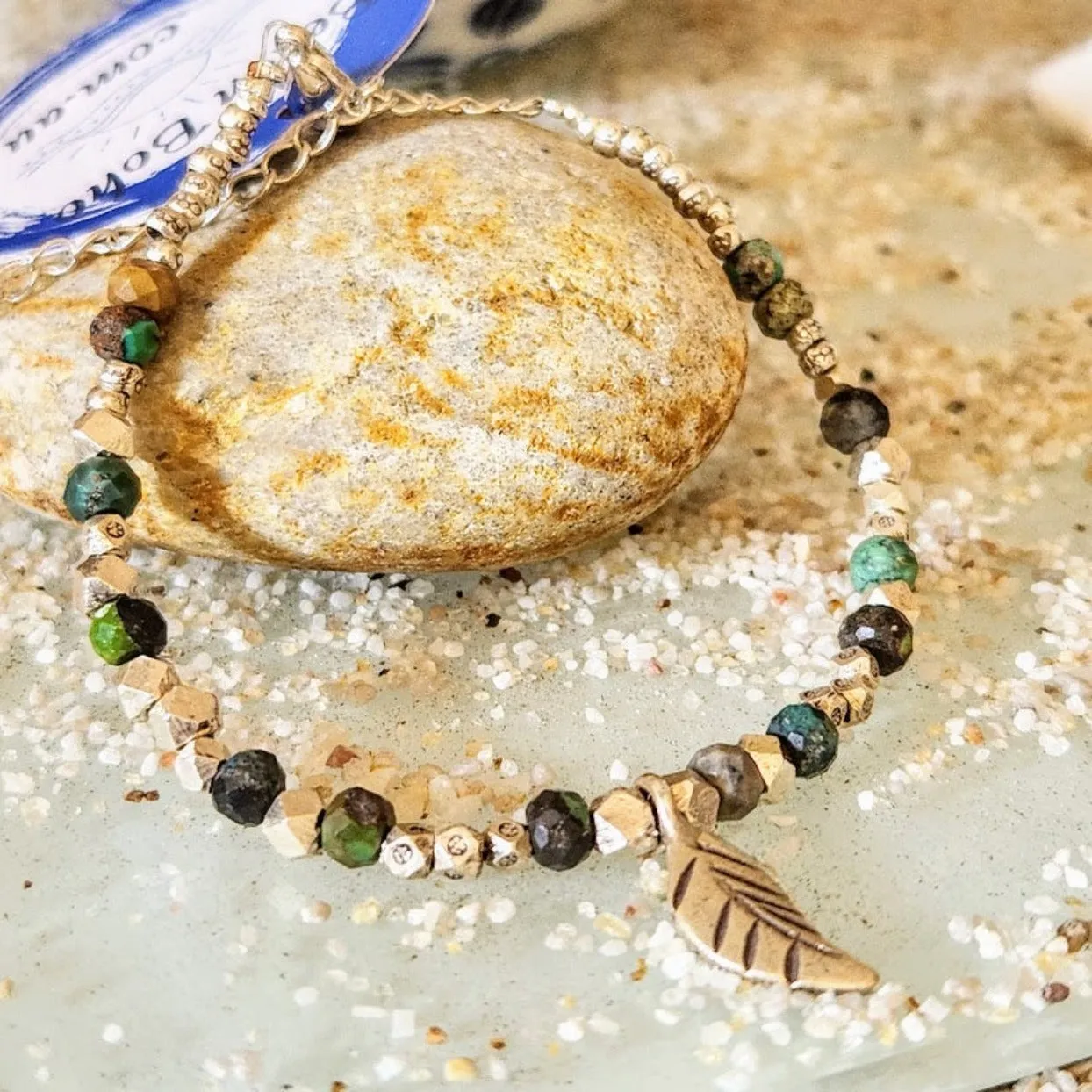 TURQUOISE FACETED - HILLTRIBE LEAF SILVER BRACELET
