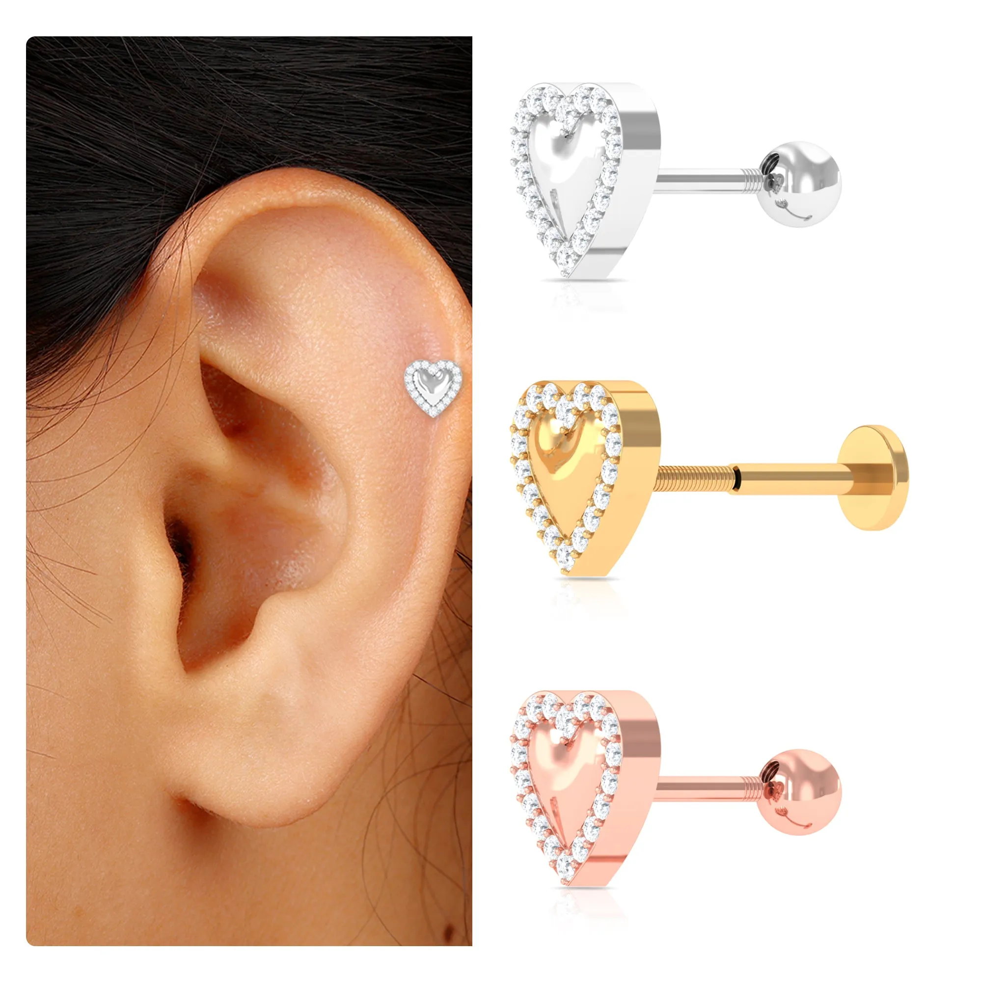 Unique Moissanite Gold Heart Cartilage Earring