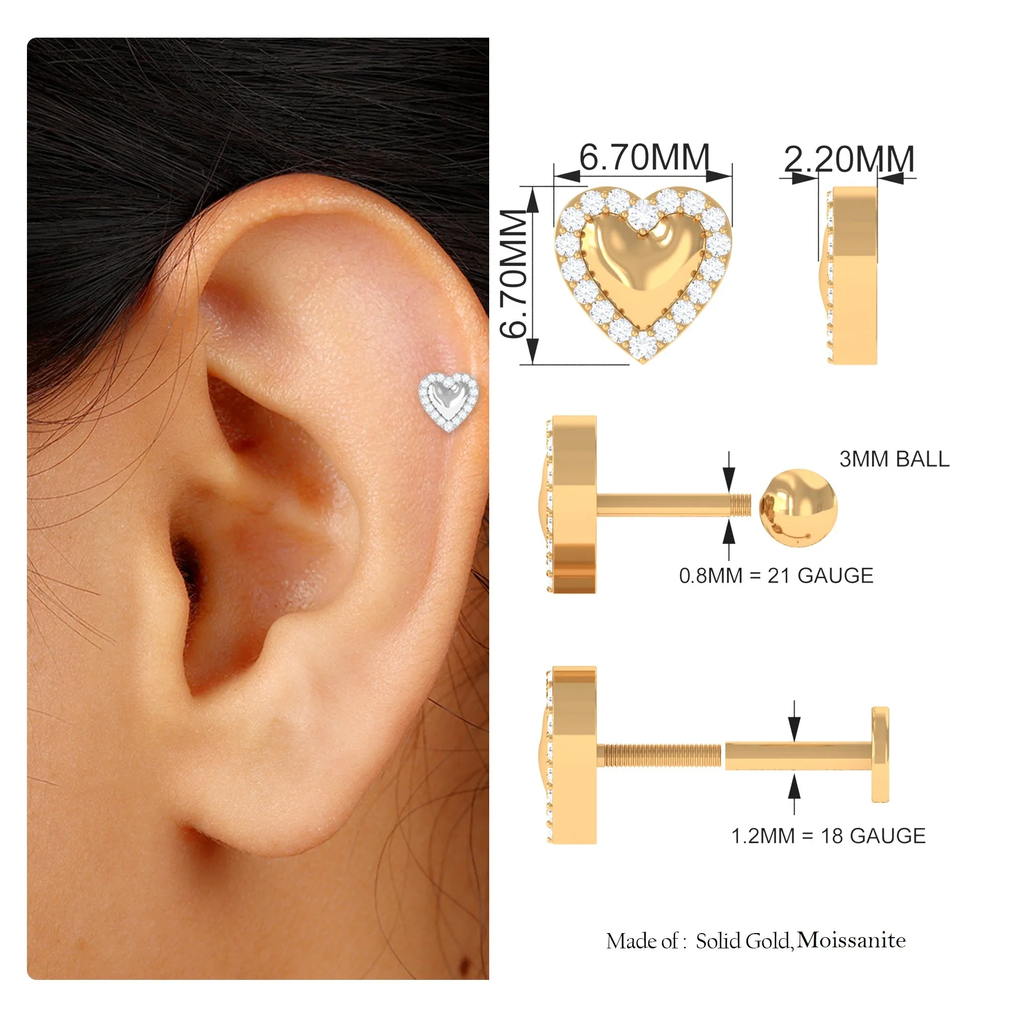 Unique Moissanite Gold Heart Cartilage Earring