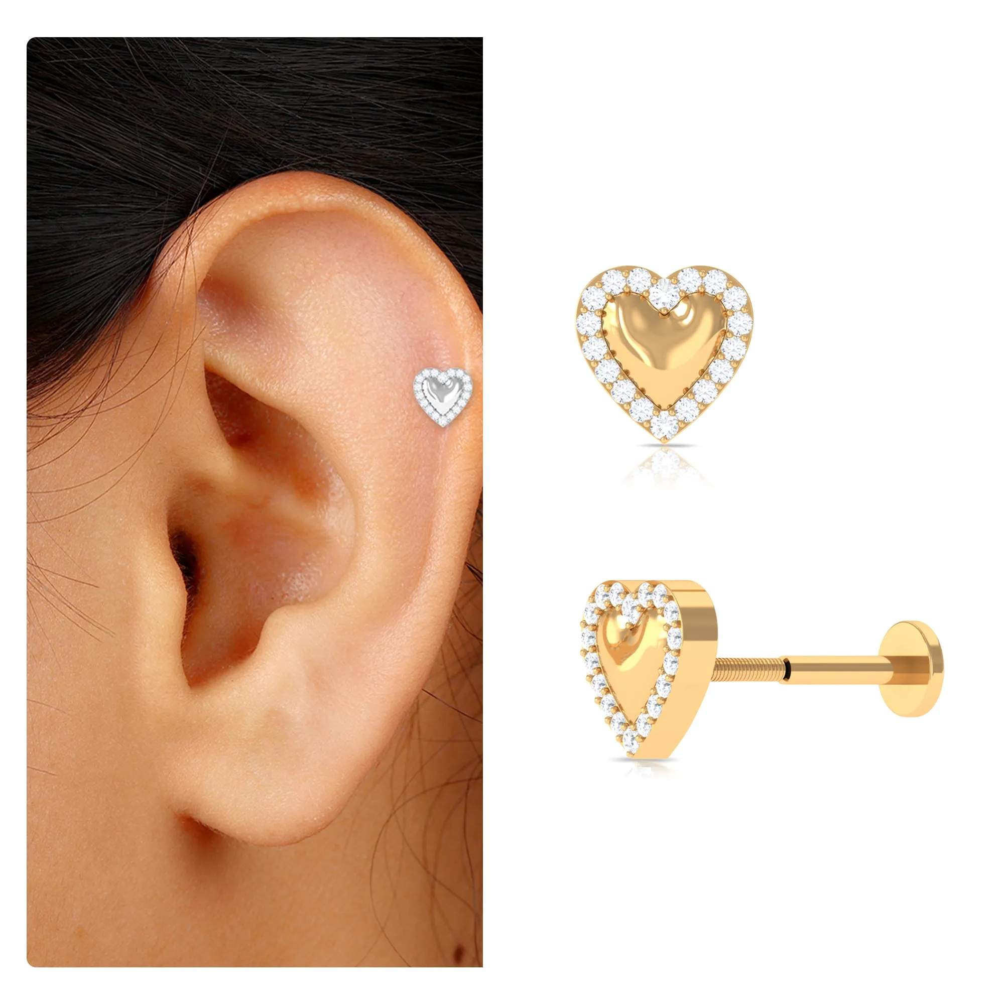 Unique Moissanite Gold Heart Cartilage Earring