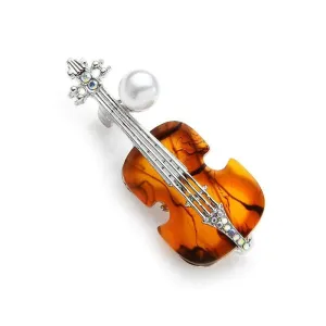 Violin Brooch / Pin with Crystal and Pearl