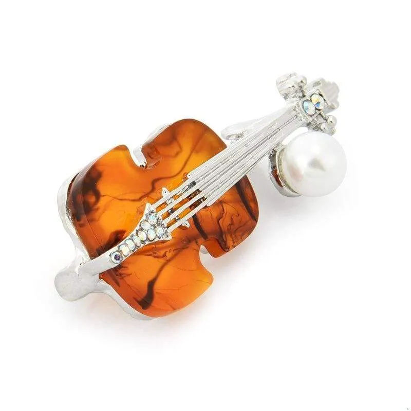 Violin Brooch / Pin with Crystal and Pearl