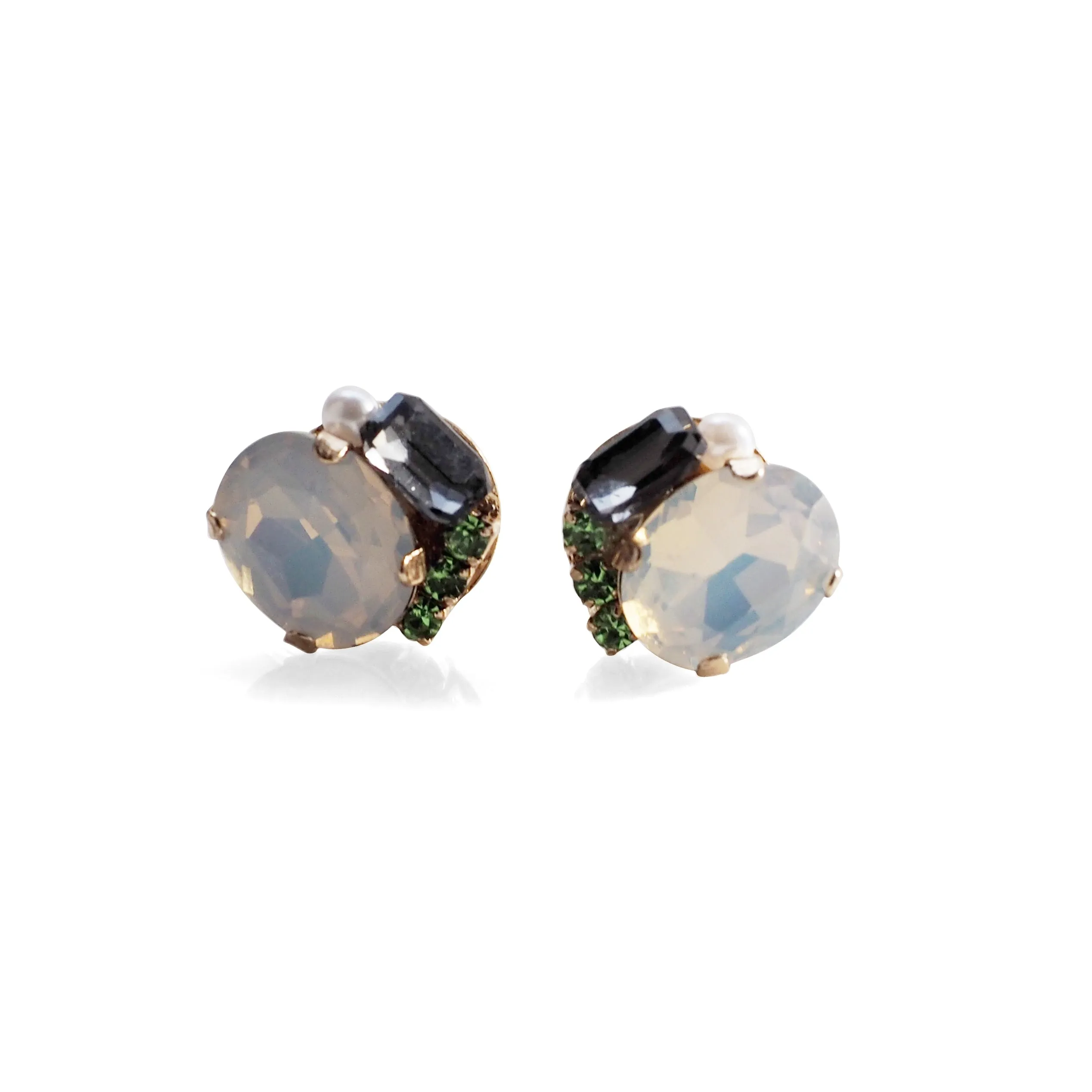 White and Black Rhinestone Invisible Clip On Stud Earrings ( Green )